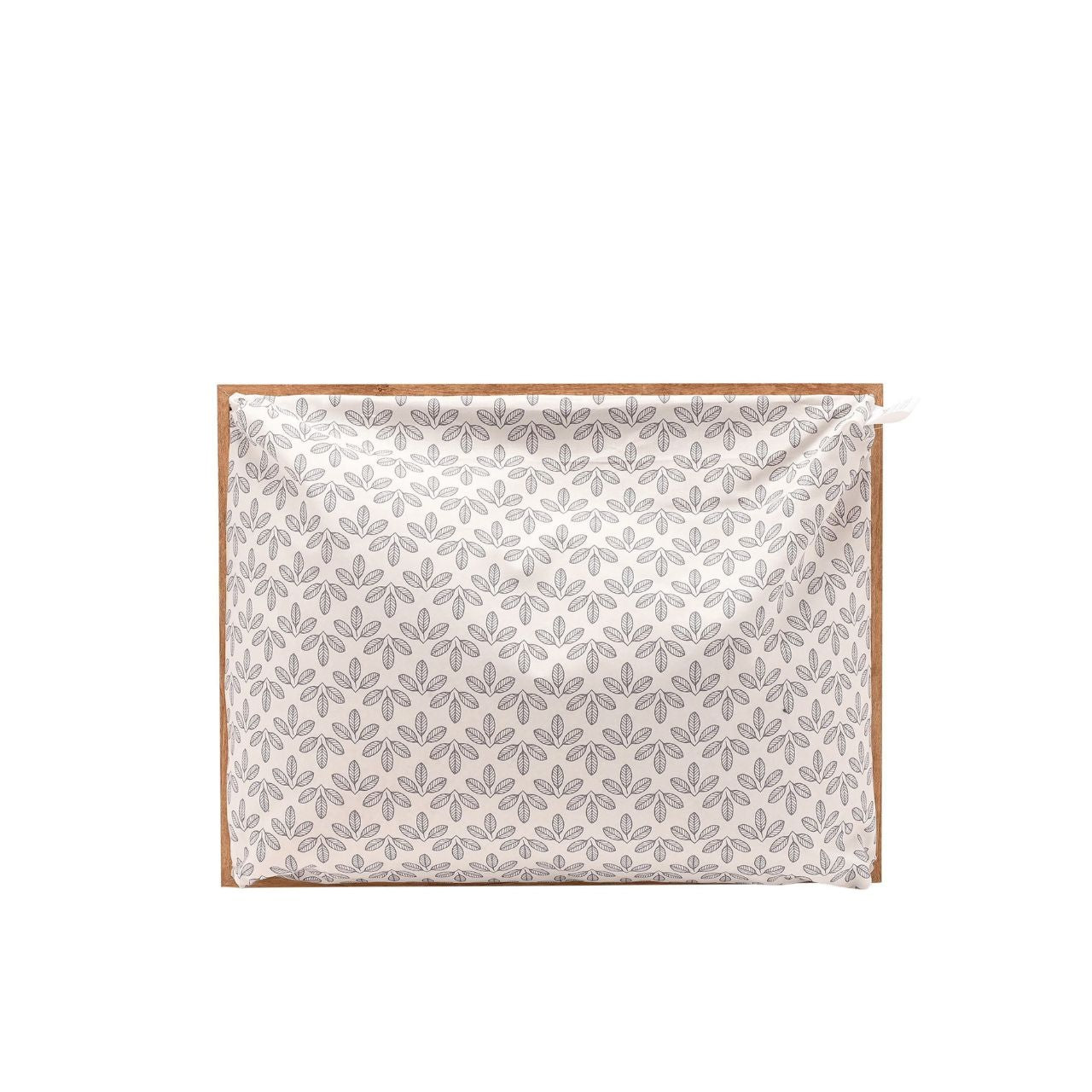 The cushioned fabric surrounding the tray is adorned with grey recurring floral images, providing both comfort and visual interest.