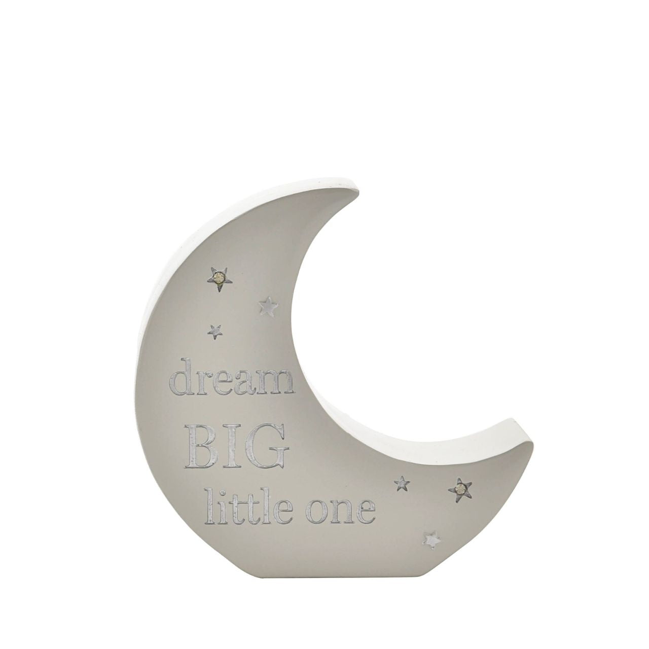 Moon Shaped Resin Money Box "Dream Big" 15 cm A moon shaped resin money box from BAMBINO BY JULIANA. This wonderful keepsake provides glistening decoration for the nursery of new family arrivals which will be cherished eternally.