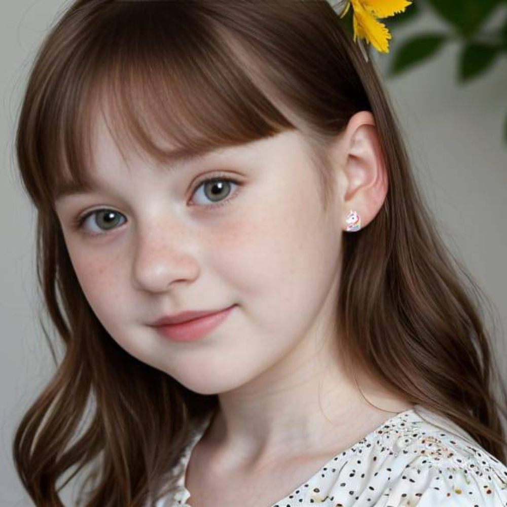 Multi Coloured Unicorn Children's Stud Earrings Enamelled sterling silver kids stud earrings with a multi coloured unicorn design. These earrings are part of our “Rainbow” range and measure 8mm in height.