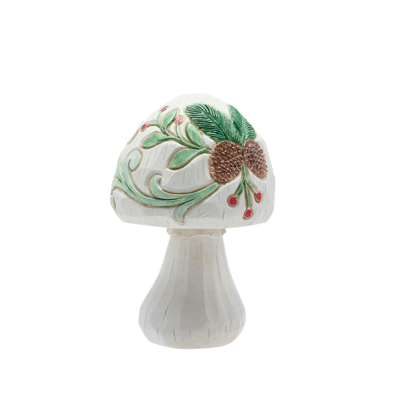 Add a whimsical touch to the home with this charming pair of wooden mushrooms with floral décor. These delightful decorations feature intricately sculpted caps with detailing that looks just like the real thing.