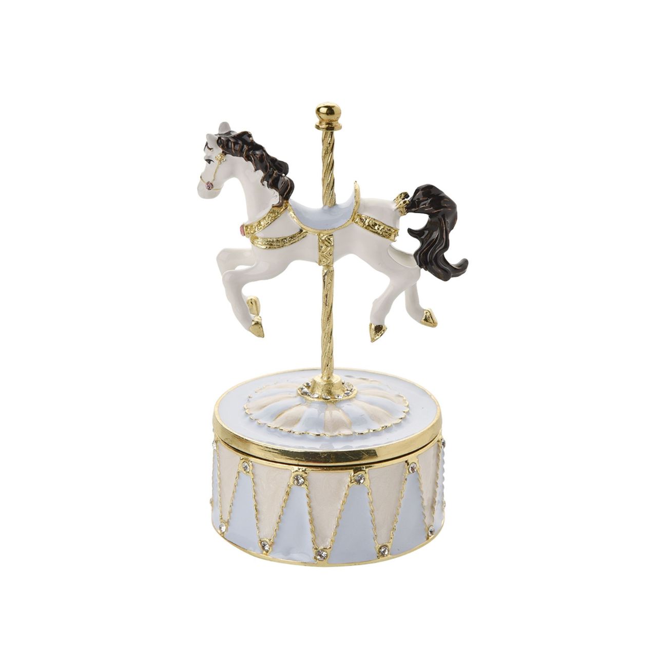 Step into the enchanting world of the Treasured Trinkets - Musical Carousel Horse in Blue by STRATTON, a whimsical and meticulously crafted musical trinket that captures the nostalgic charm of a classic carousel.