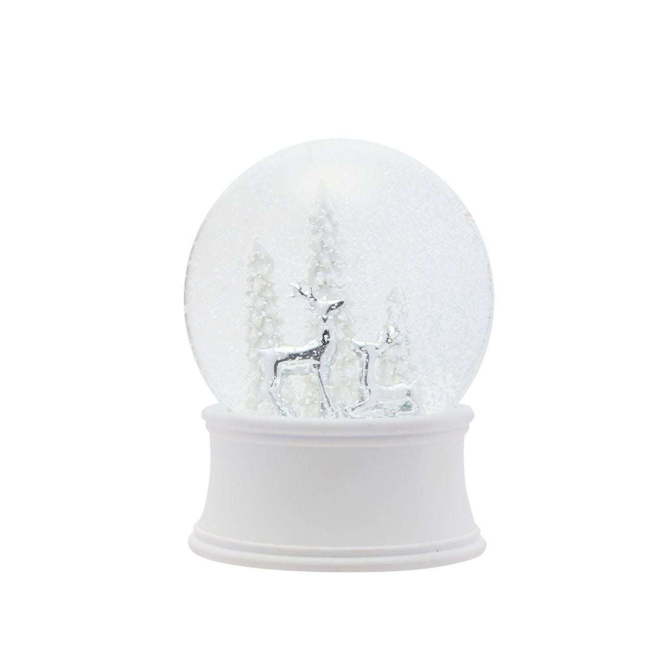 Delight in the magic of Christmas with this charming Musical Silver Reindeer Snowglobe. Featuring an enchanting winter woodland scene, this snowglobe brings a festive feeling to any room. The detailed 16cm design captures reindeer amongst snow-covered pine trees, with flakes swirling when shaken.