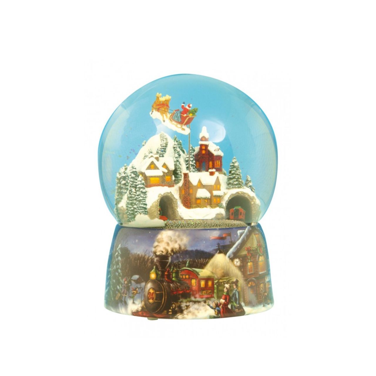 Train snow globe, the train drives through the tunnel and Santa turns to the Christmas melody “Jingle Bells”