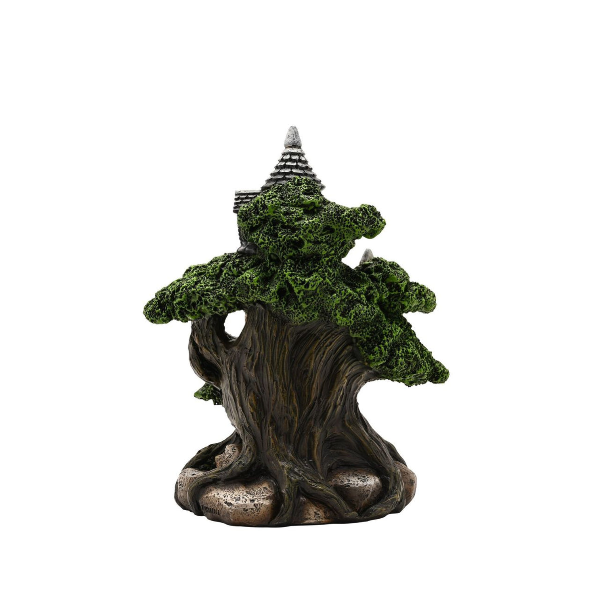 The Mystic Legends LED Treehouse 20cm is an enchanting decorative piece, designed to capture the magic of a hidden woodland dwelling. The ornament features a beautifully detailed miniature house built into a gnarled tree trunk, complete with textured bark, layered stonework, and lush green foliage that wraps around the structure.