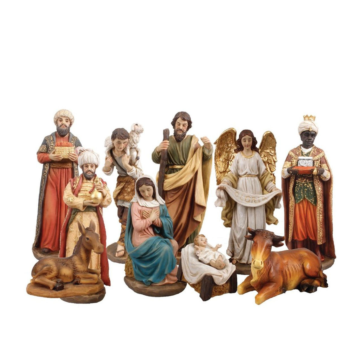 A timeless nativity scene featuring ten hand-painted resin figures, each standing 8 inches tall.