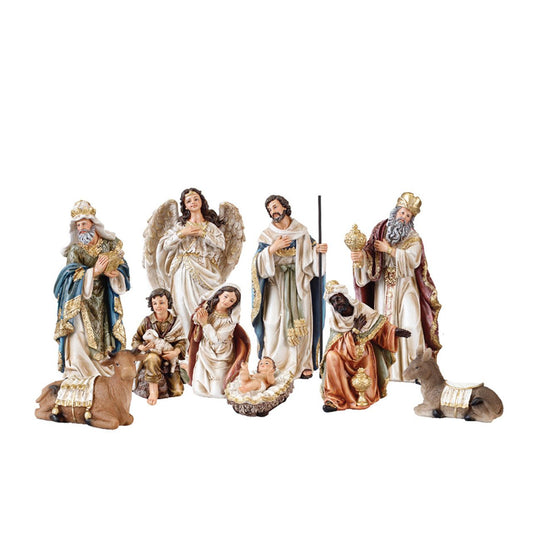 CBC Distributors Nativity Set with Gold Highlights 11 Figures 8 inch  Beautiful and delicately crafted and hand painted Nativity Sets. This scene of exquisitely designed figurines will form a stunning focal point in any home at Christmas. This thoughtful design features 11 resin pieces with gold highlights.
