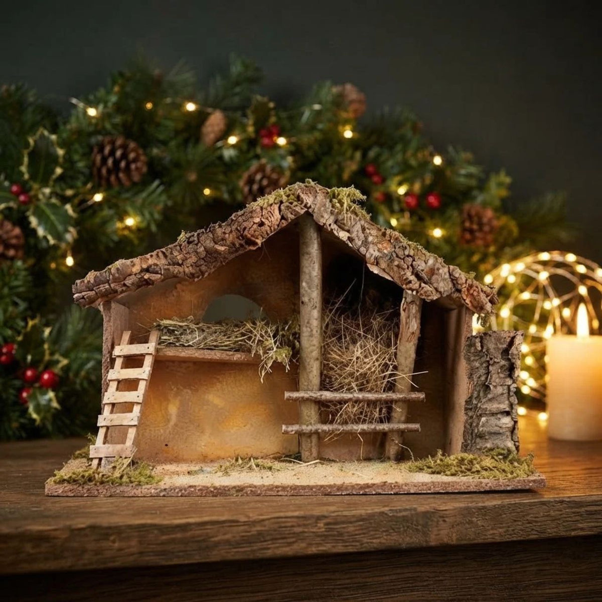 Nativity Shed with LED Lights brings timeless holiday charm to your home. This beautifully crafted shed features warm LED lights that illuminate the nativity scene within, creating a captivating focal point for seasonal displays.