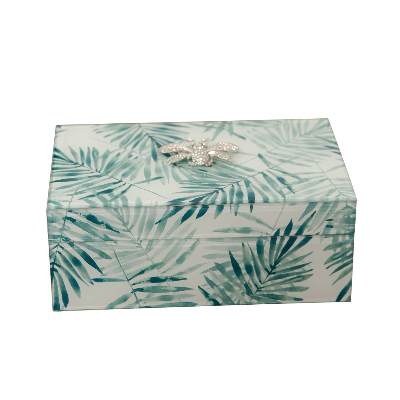 Nature Trail Embellished Jewellery Box Store those sparkly things in style with this beautiful glass jewellery box with exotic palm print and crystal embellished inset lid decoration. From Nature Trail by HESTIA - bring some subtle Spring vitality to your home.