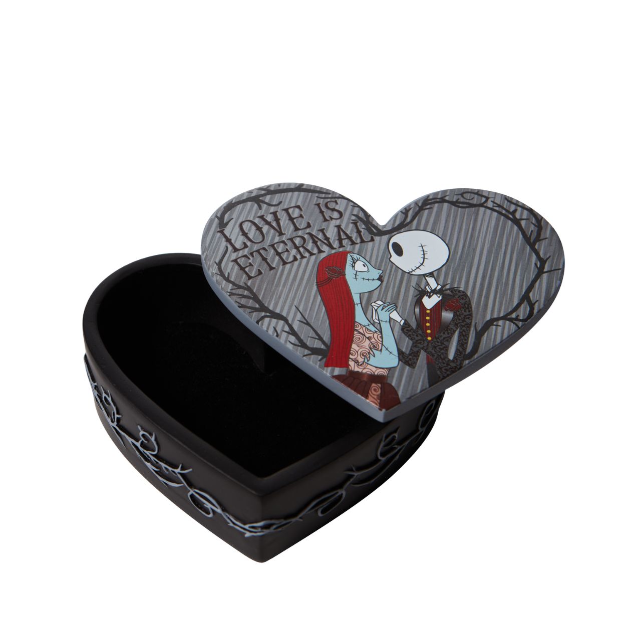 Jack and Sally Trinket Box Nightmare Before Christmas  Jack and Sally are an unlikely coupling of precious proportions. The Skellington King and ragdoll lock eyes in a romantic embrace upon this lidded felt lined ring box. 
