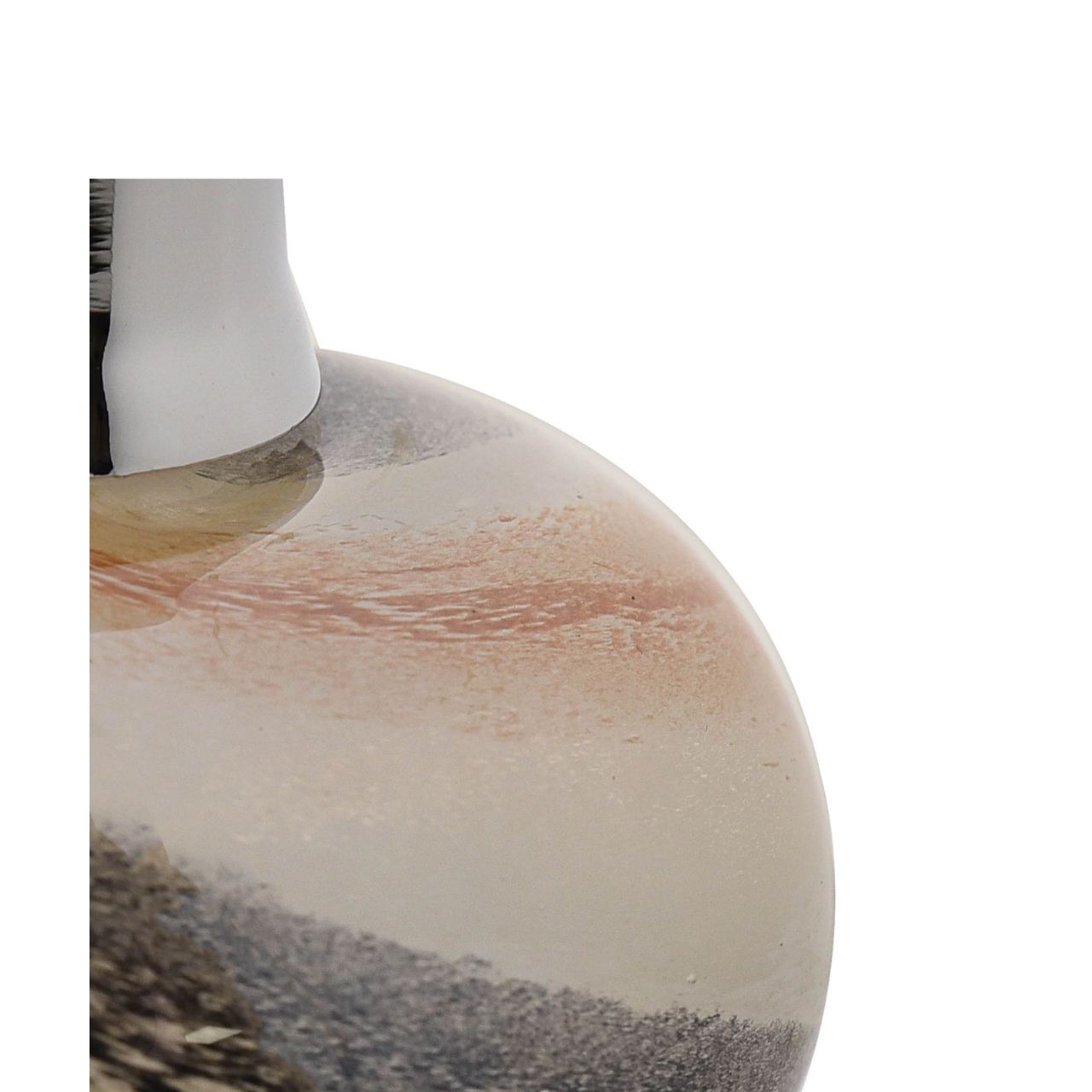 The round, glass bottle showcases a stunning marbled effect with swirls of black and gold. Attached to the bottle is a traditional perfume pump, complete with tassel and silver metal dispenser.