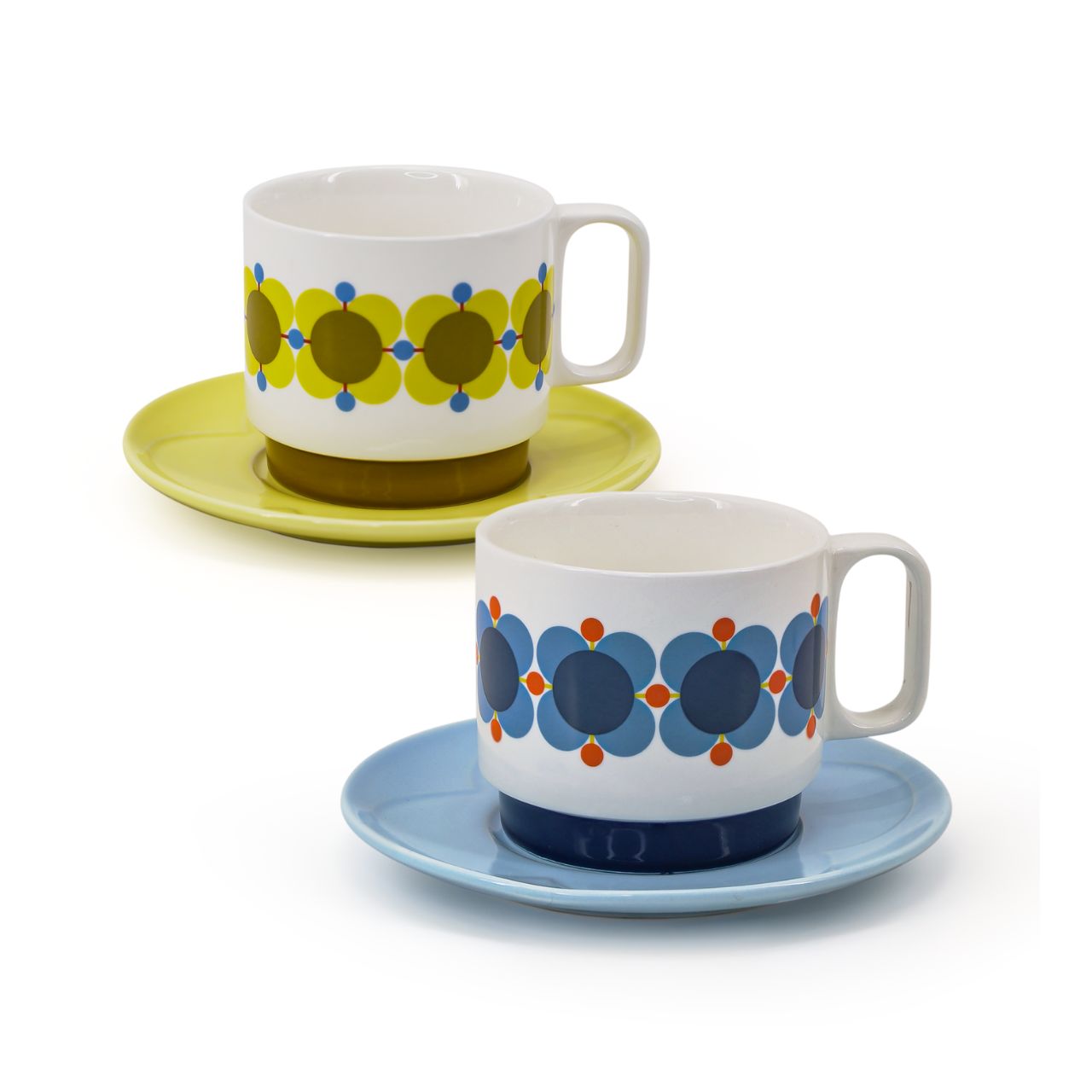 Orla Kiely Set 2 Tea Cup & Saucer - Atomic Flower DESIGNED IN THE UK BY ORLA KIELY: This set of two tea cup and saucer has a unique 'Atomic Flower' print. Each cup is stamped with an authentic Orla Kiely logo.