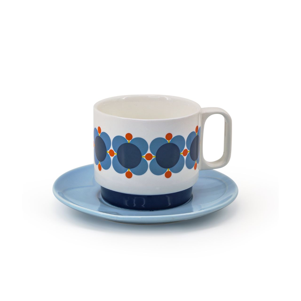 Orla Kiely Set 2 Tea Cup & Saucer - Atomic Flower DESIGNED IN THE UK BY ORLA KIELY: This set of two tea cup and saucer has a unique 'Atomic Flower' print. Each cup is stamped with an authentic Orla Kiely logo.