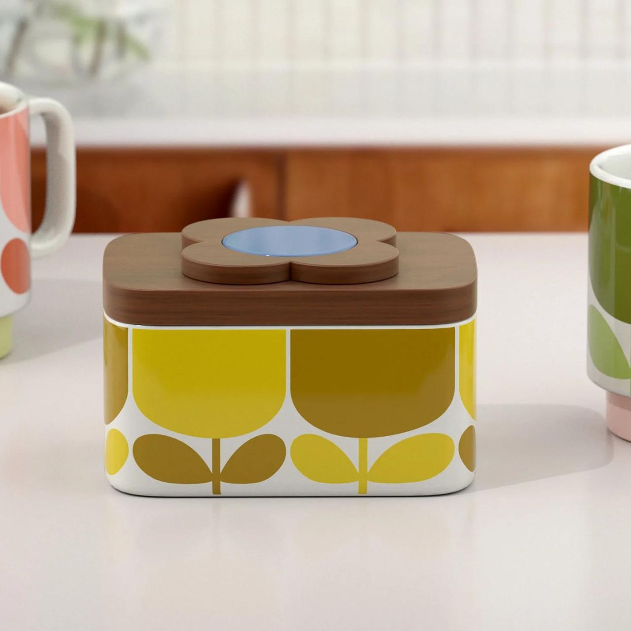 Ceramic butter dish, featuring Orla Kiely’s Block-Flower print in Ochre colourway.