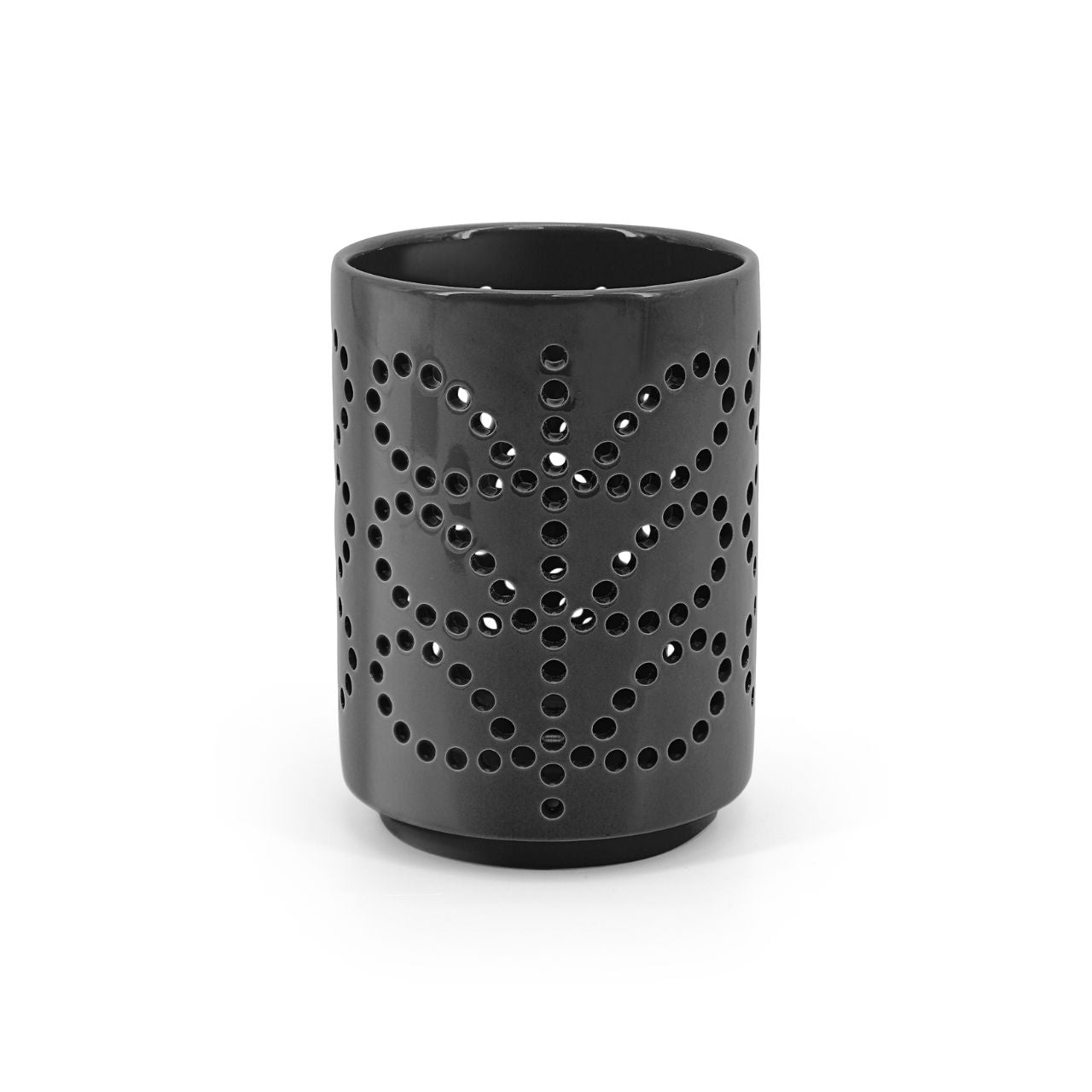 Orla Kiely Ceramic Lantern - Linear Stem Slate by Tipperary Bring a burst of colour to your home with this Medium Ceramic Lantern from Orla Kiely. The cylindrical design features the signature Linear Stem pattern in slate punched through to create ambience and emit a soft, warm glow.
