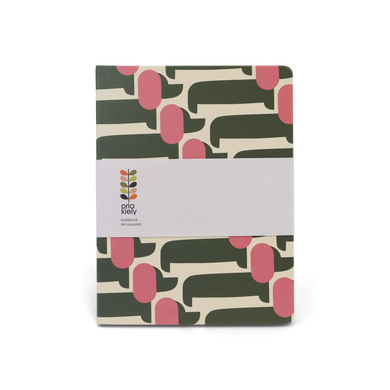 Orla Kiely Medium Notebook - Dog Show  Organize your goals, plans, and weekly shopping list in a sleek and stylish manner with our Dog Show notebook. Featuring a sturdy hardcover, rounded corners, elastic closure, and matching ribbon bookmark, this notebook also includes a grid square paper layout and an expandable inner back pocket.