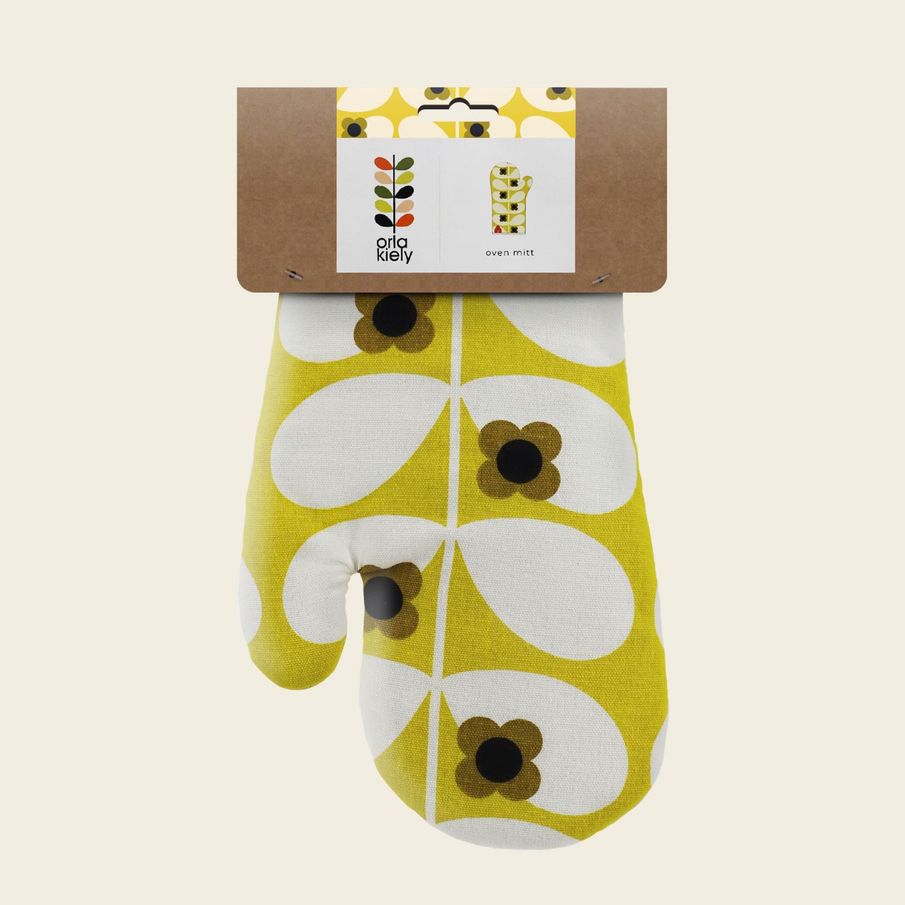 Tipperary Orla Kiely Oven Mitt - Wild Rose Stem Ochre An Orla Kiely oven gauntlet with a beautiful Wild Rose Stem design in bright dandelion. Keep your hand safe from burns and scalds in the kitchen with the beautiful stem print oven glove from Orla Kiely.