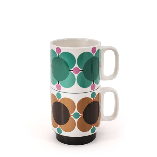 Tipperary Orla Kiely Atomic Flower Jewel Latte Set 2 Stacking Mugs  DESIGNED IN THE UK BY ORLA KIELY: This set of two mugs has a unique 'Atomic Flower' print and is designed to be stacked.  Each mug is stamped with an authentic Orla Kiely logo.