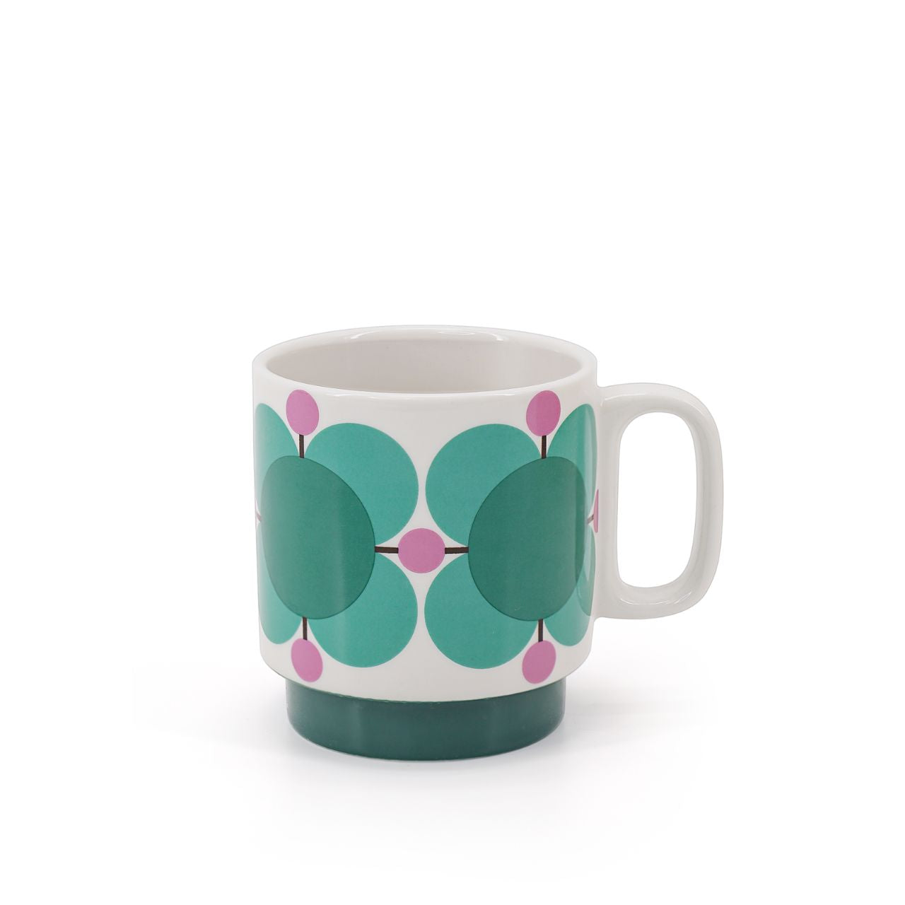 Tipperary Orla Kiely Atomic Flower Jewel Latte Set 2 Stacking Mugs DESIGNED IN THE UK BY ORLA KIELY: This set of two mugs has a unique 'Atomic Flower' print and is designed to be stacked. Each mug is stamped with an authentic Orla Kiely logo.