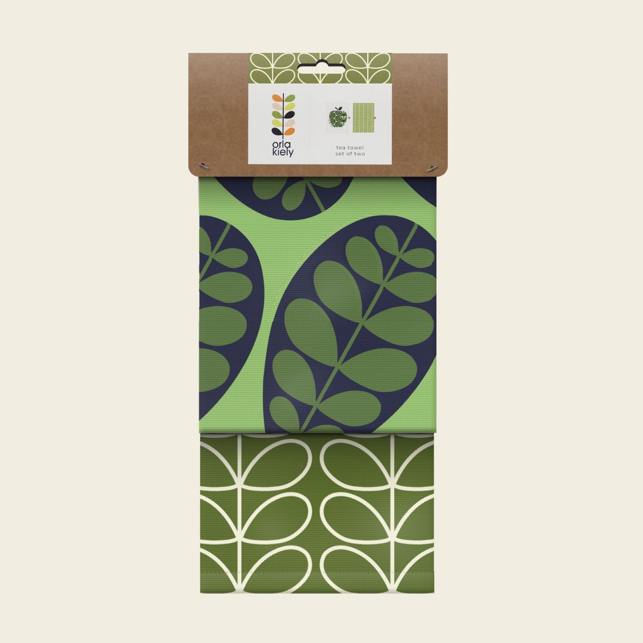 Tipperary Orla Kiely Set of 2 T-Towels - Apple A Day Add a touch of modern style to your kitchen with this set of two Tea Towels. The set comes with a Tea Towel that features the Linear Stem print in Green and a second Tea Towel featuring the Orla Kiely Apple. Each Tea Towel features a useful hanging loop to create an eye catching kitchen accessory even when not in use.