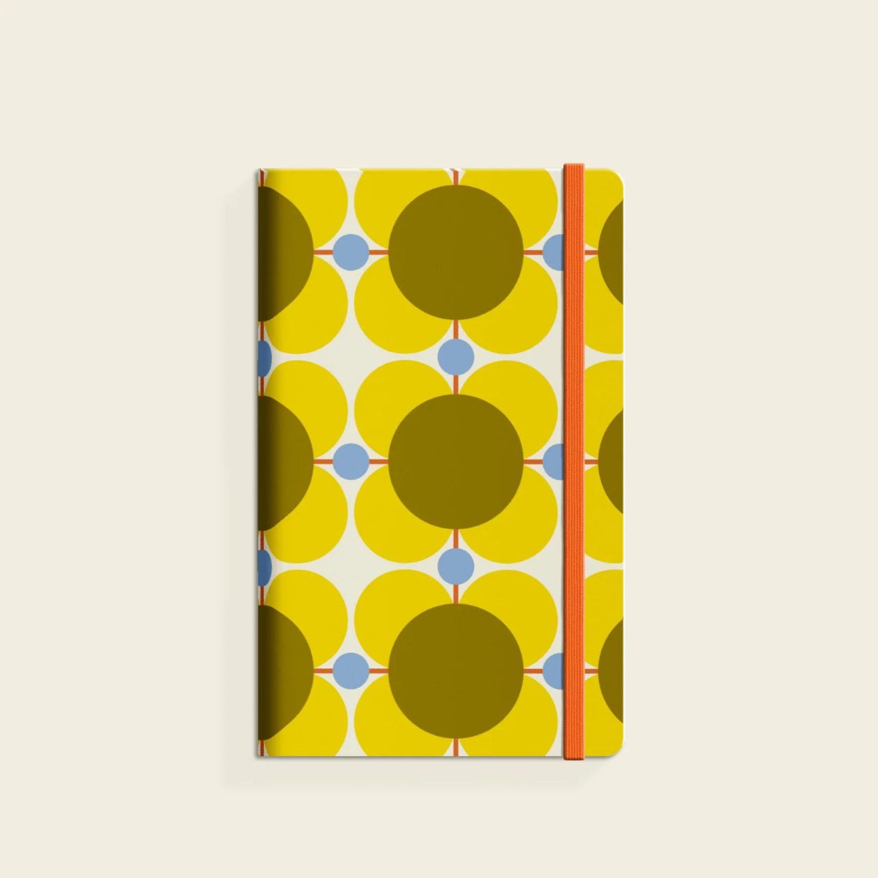 Orla Kiely Atomic Flower Dandelion Small Notebook  Write down your goals, plans and your weekly shopping list in style with our Atomic Flowers notebook. This notebook has a hardcover with rounded corners, an elastic closure and matching ribbon bookmark. Comes with a lined paper layout and expandable inner back pocket.