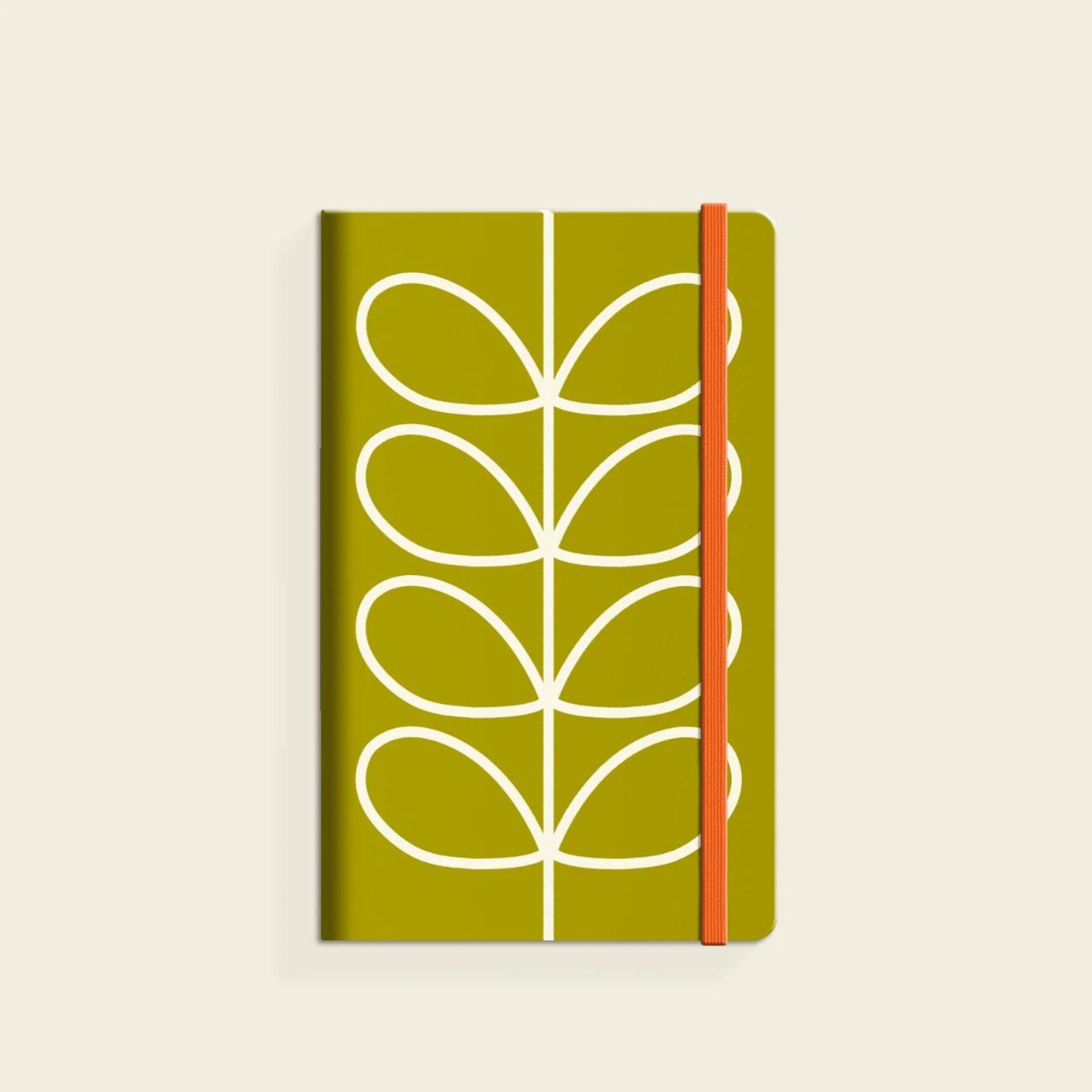 Orla Kiely Linear Stem Olive Small Notebook  Write down your goals, plans and your weekly shopping list in style with our Linear Stem Olive notebook. This notebook has a hardcover with rounded corners, an elastic closure and matching ribbon bookmark. Comes with a lined paper layout and expandable inner back pocket.
