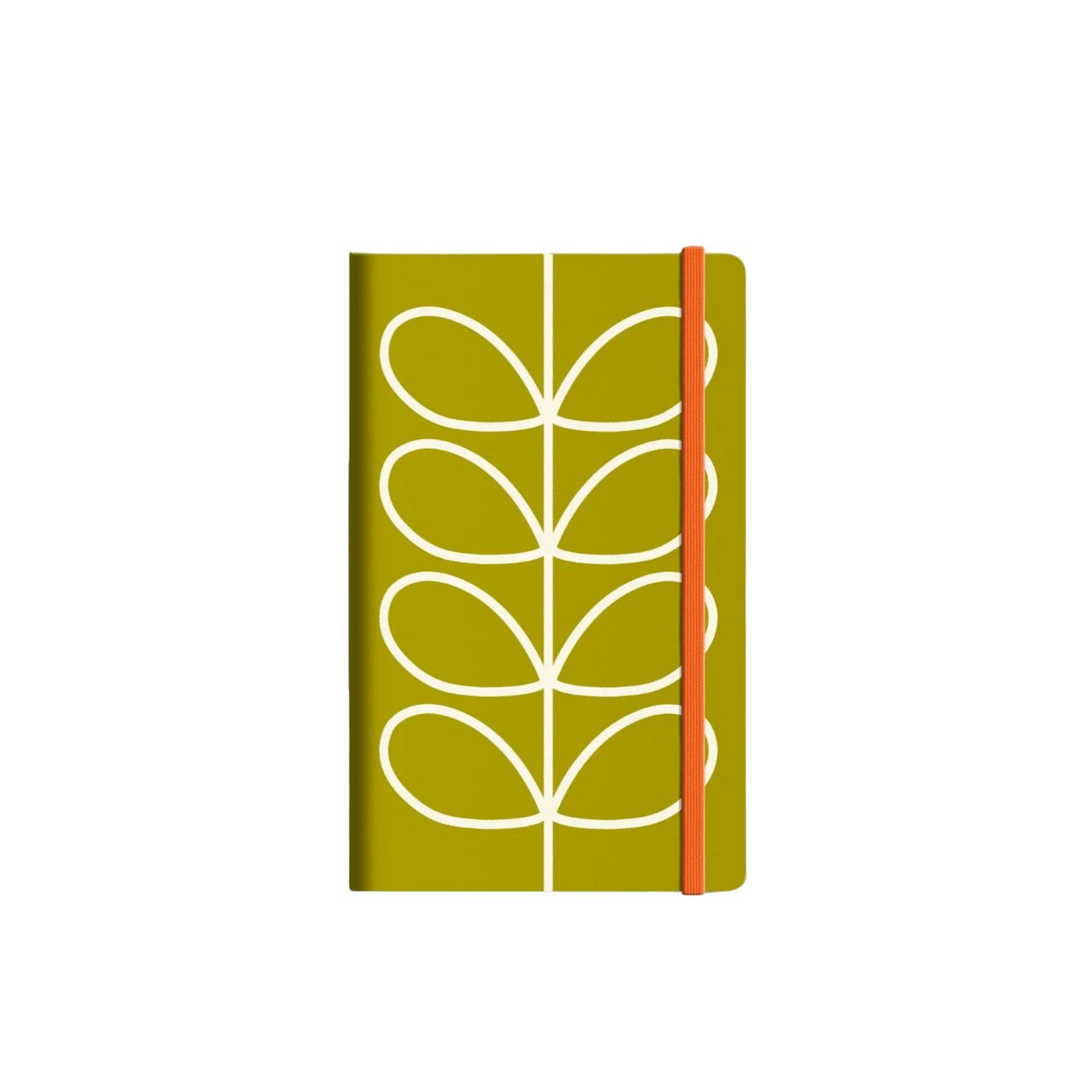 Orla Kiely Linear Stem Olive Small Notebook  Write down your goals, plans and your weekly shopping list in style with our Linear Stem Olive notebook. This notebook has a hardcover with rounded corners, an elastic closure and matching ribbon bookmark. Comes with a lined paper layout and expandable inner back pocket.