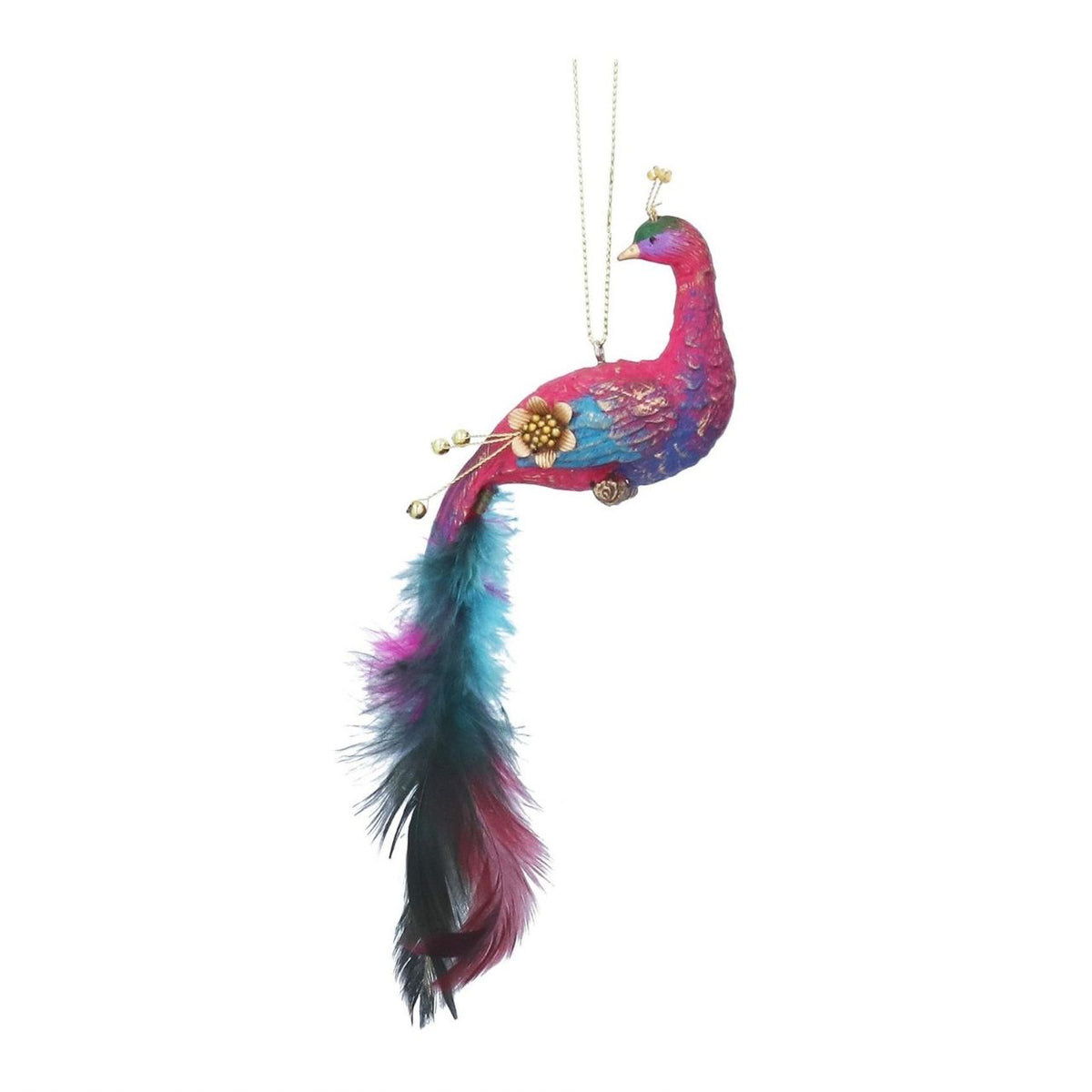 Bring festive elegance to your tree with this exquisite Gisela Graham Paradise Garden Peacock hanging ornament. Adorned with real chicken feathers for authentic detail, this showstopping piece features a graceful peacock design that captures the beauty of paradise.