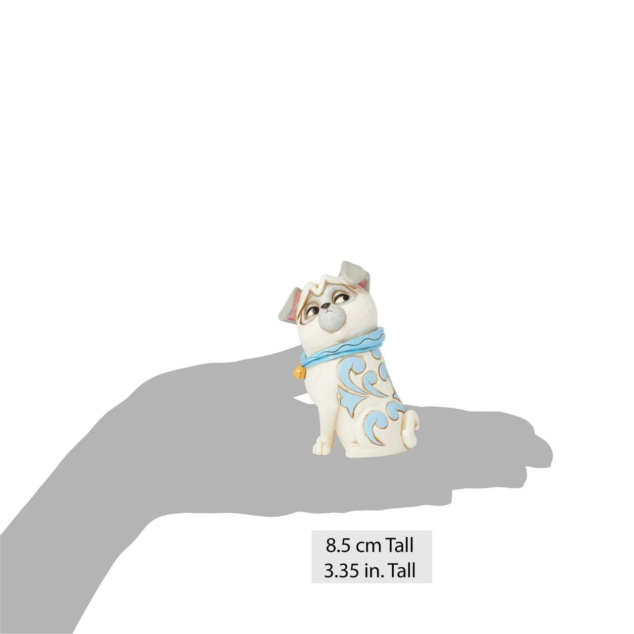 Celebrate the 30th anniversary of Pocahontas in 2025 with this charming Jim Shore bust of Percy, Ratcliffe's pampered pug. With his sassy expression, he sports a blue collar with a bell and features the artist's intricate rosemaling.