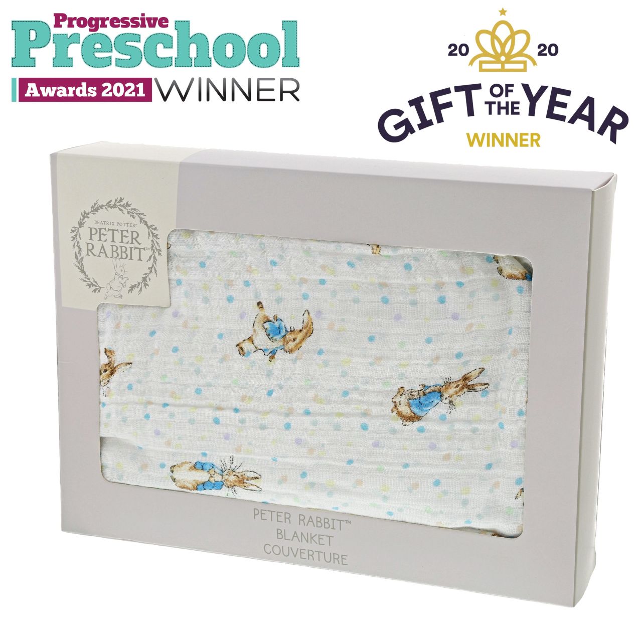 Beatrix Potter Peter Rabbit Baby Blanket This is the dreamiest Peter Rabbit blanket you ever did see. Made from layers of luxurious 100% cotton, 105g/m2, giving your little one that extra layer of comfort and warmth in their crib. Presented on a branded gift box.