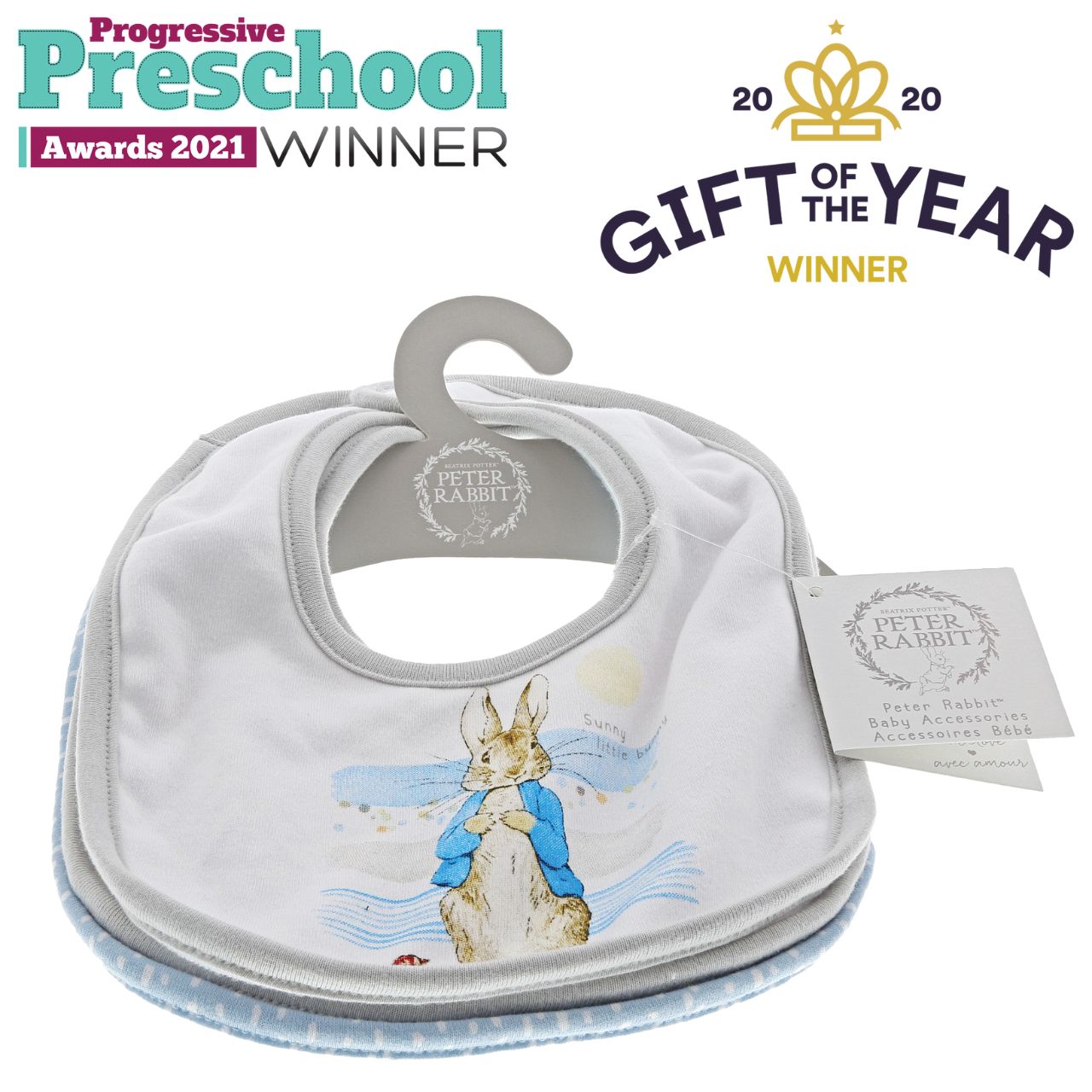 Beatrix Potter Peter Rabbit Baby Collection Bib Set of 3 Mealtimes and babies make a messy combination. So, we've created this adorable set of Peter Rabbit bibs to combat mess and keep crumbs at bay. With their super soft fabric and easy-peasy fastenings, we've got mealtimes, and baby, covered.