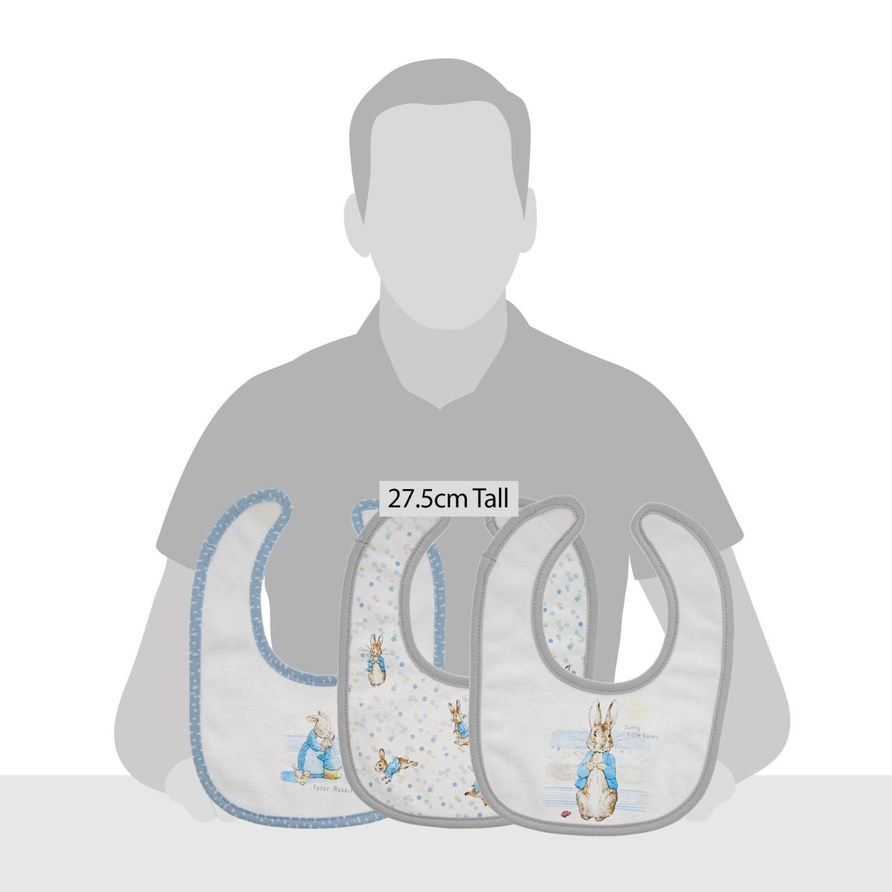 Beatrix Potter Peter Rabbit Baby Collection Bib Set of 3 Mealtimes and babies make a messy combination. So, we've created this adorable set of Peter Rabbit bibs to combat mess and keep crumbs at bay. With their super soft fabric and easy-peasy fastenings, we've got mealtimes, and baby, covered.