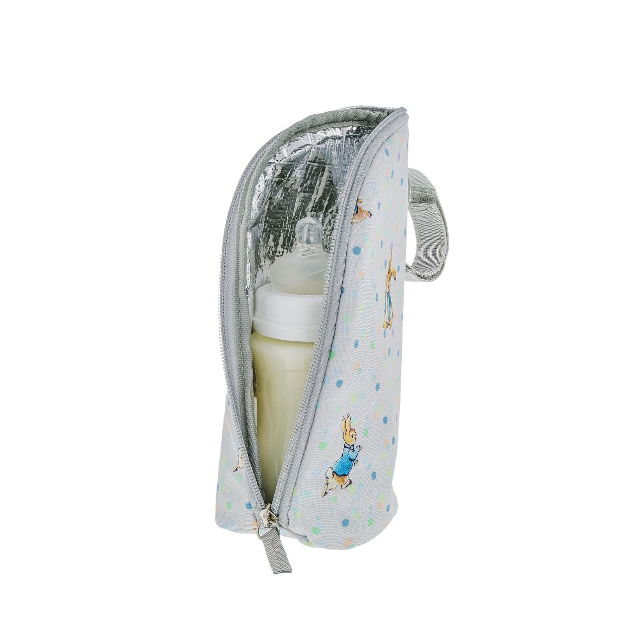 Beatrix Potter Peter Rabbit Insulated Bottle Bag Our portable classic Peter Rabbit insulated bottle bag makes feeding on the go easy. Can be used to keep bottles hot or cold, ideal for your hungry little rabbit. The adorable design ensures it fits perfectly on your wrist, pram or bag. The design allows this bottle bag to be gender-neutrals and perfect for any baby shower gift.