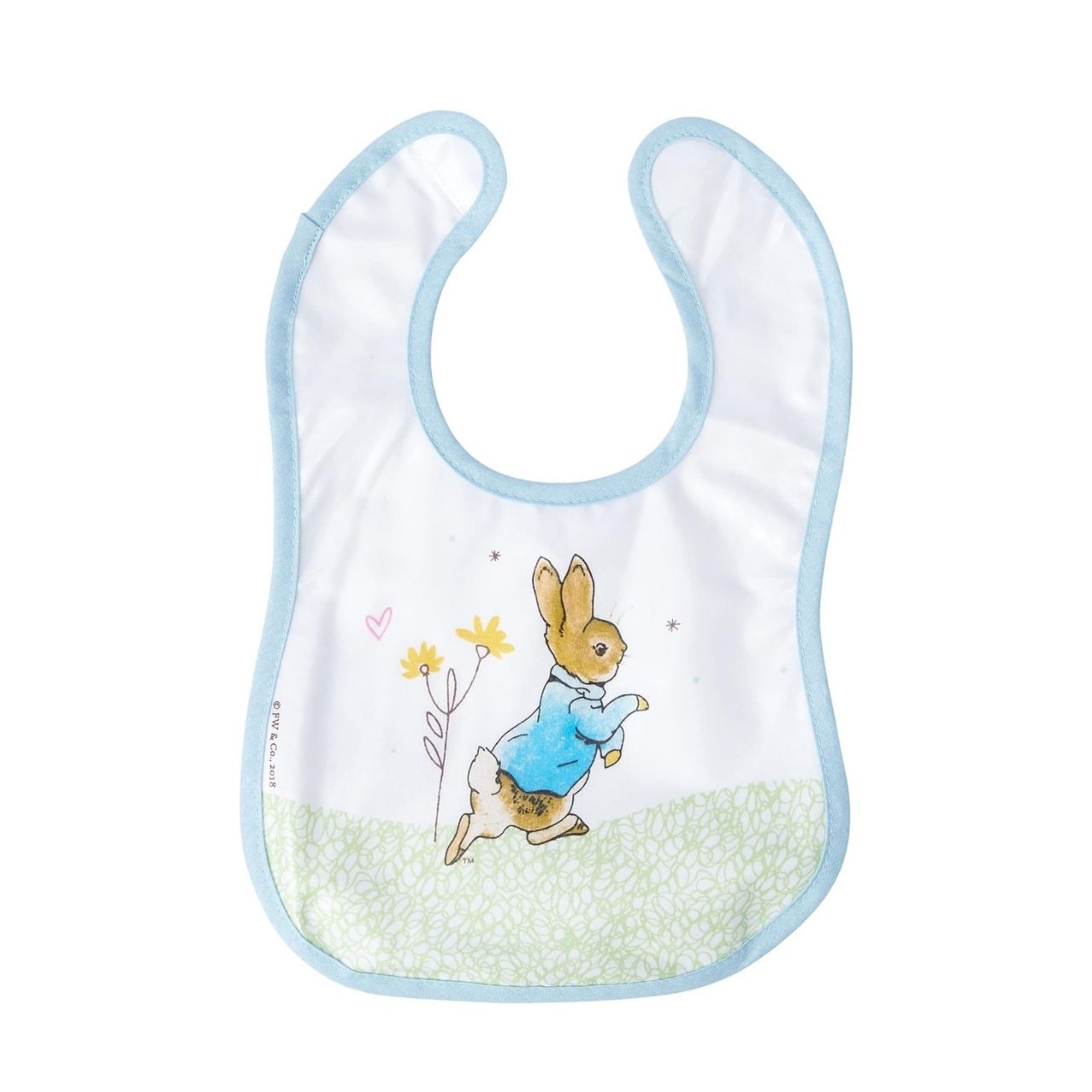 Beatrix Potter Peter Rabbit Children's Bib Make mealtimes super fun with this beautiful Flopsy Bib. This is a fun and practical bib, has been perfectly detailed with original Flopsy illustrations, taken from the Beatrix Potter stories. This bib is not only easy to wear, but practical too with its wipeable coating.