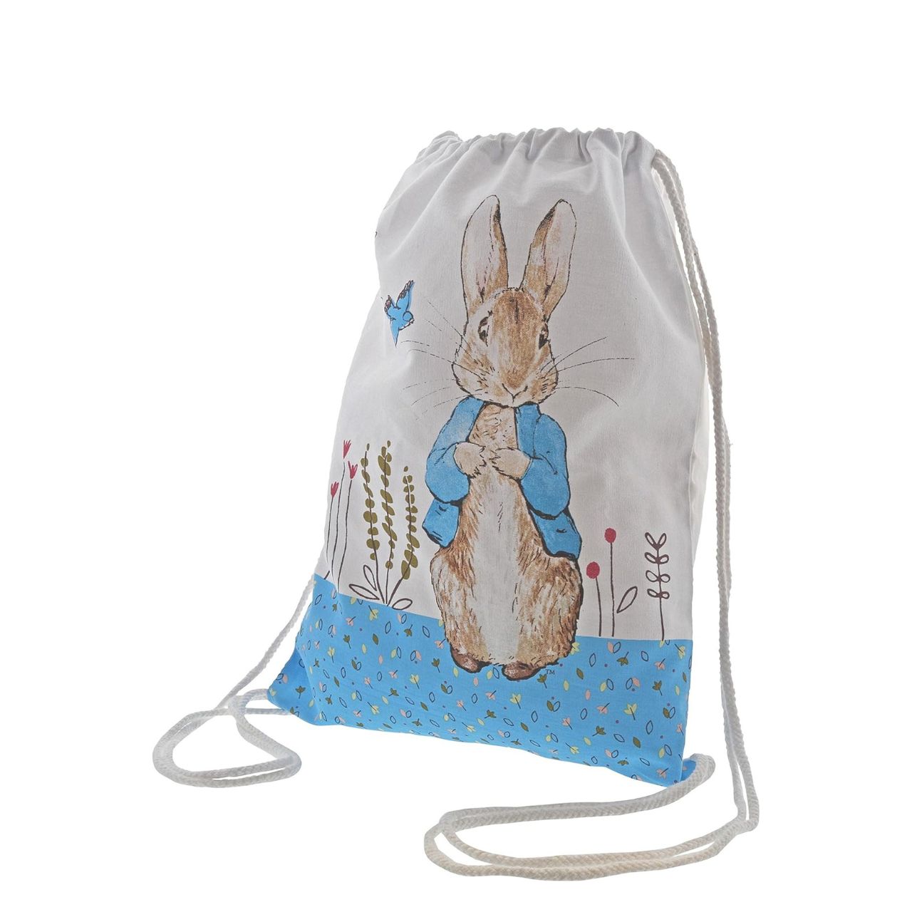 Beatrix Potter Peter Rabbit Drawstring Bag A beautiful Peter Rabbit cotton drawstring bag. This is a lovely little bag that would make a perfect nursery, or pre-school bag for your child to pop all their school essentials in. It is also a great alternative to a storage bag to place all your little one's toys in, and of course an easy way to take their much loved Peter Rabbit teddies everywhere they go.