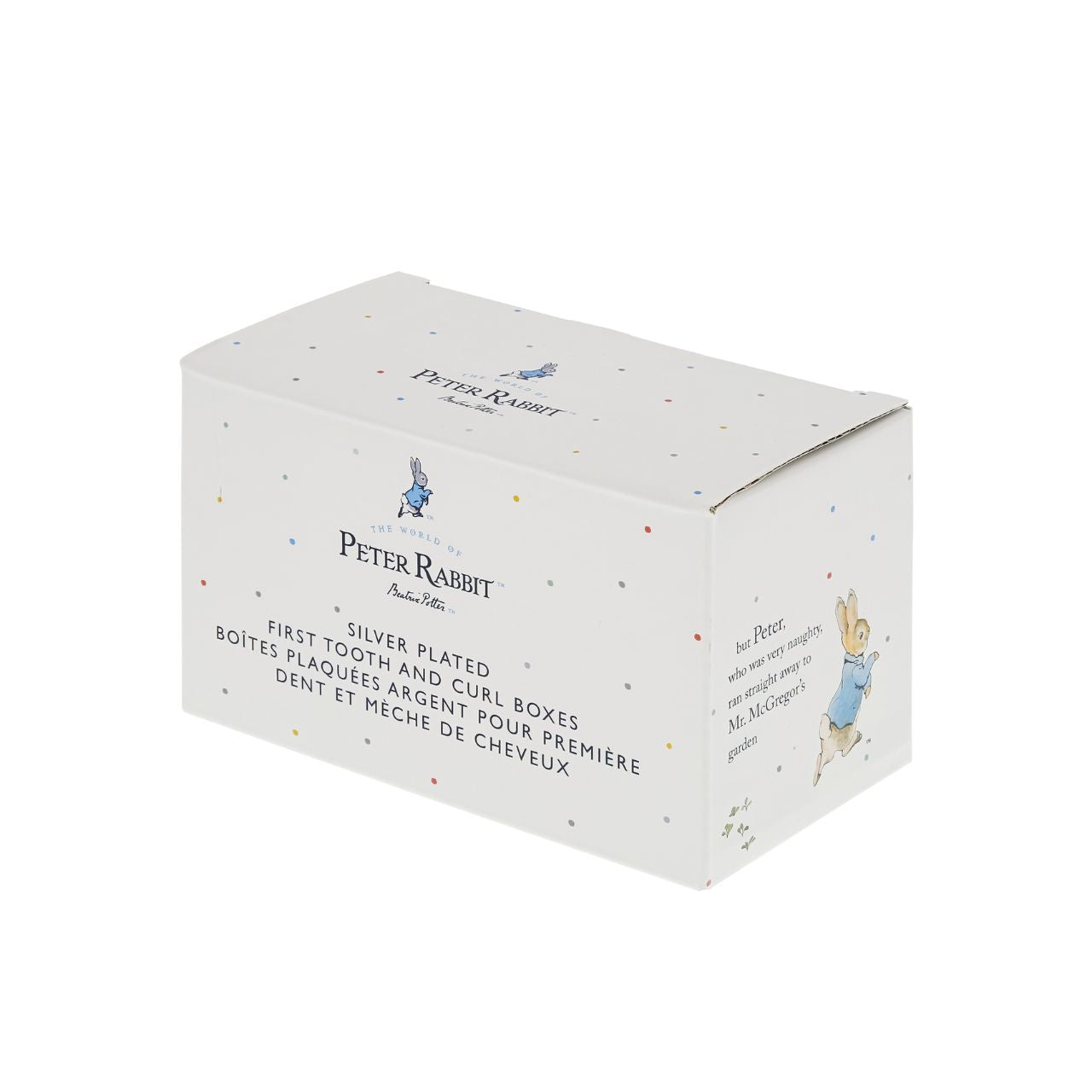 Celebrate a new bundle of joy with the Beatrix Potter New Baby collection. The silver-plated First Tooth and Curl boxes make a fantastic gift to store treasured keepsakes of a new arrival. With a sculpted Peter Rabbit on each lid and etched text around each box, they will become a treasured possession for new parents.