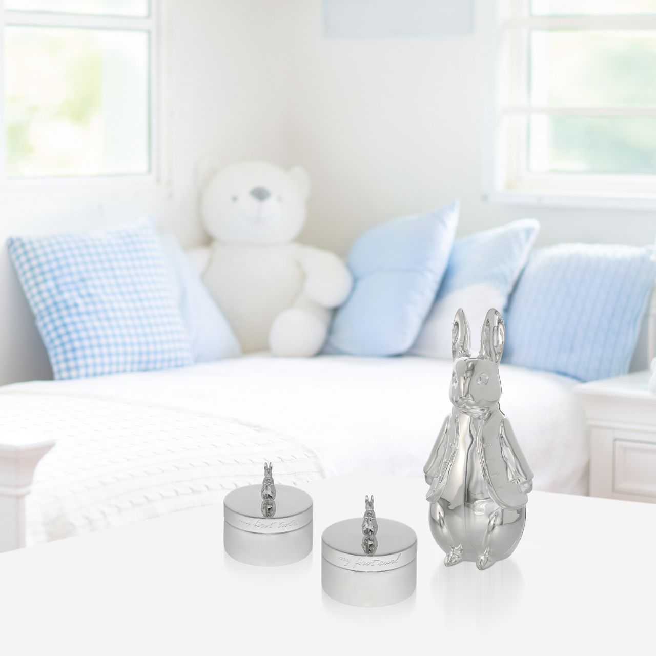 Celebrate a new bundle of joy with the Beatrix Potter New Baby collection. The silver-plated sculpted money bank makes a fantastic gift to store coins and to display in a nursery. With a detailed 3D Peter Rabbit design it will become a treasured possession for new parents and make a beautiful statement piece in a nursery.