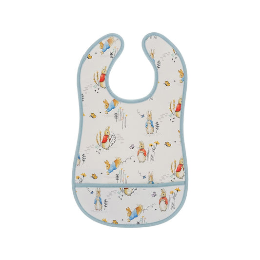 The Peter Rabbit Weaning Bib combines adorable design with a practical and durable protective product. Featuring a design based on the original Beatrix Potter illustrations, wipe-clean material and easy-peasy fastenings, we've got mealtimes, and baby, covered.