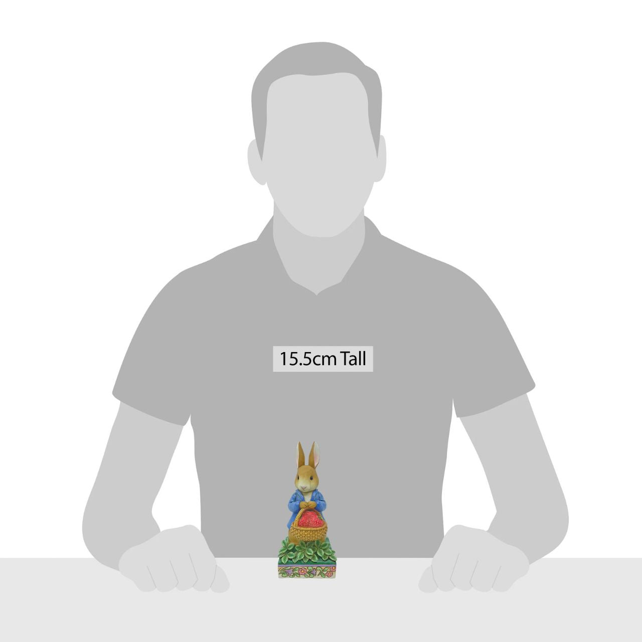 Beatrix Potter Peter Rabbit with Basket of Strawberries Figurine Peter Rabbit with Basket of Strawberries Figurine Made from cast stone. Packed in a branded gift box. Unique variations should be expected as this product is hand painted. Not a toy or children's product.