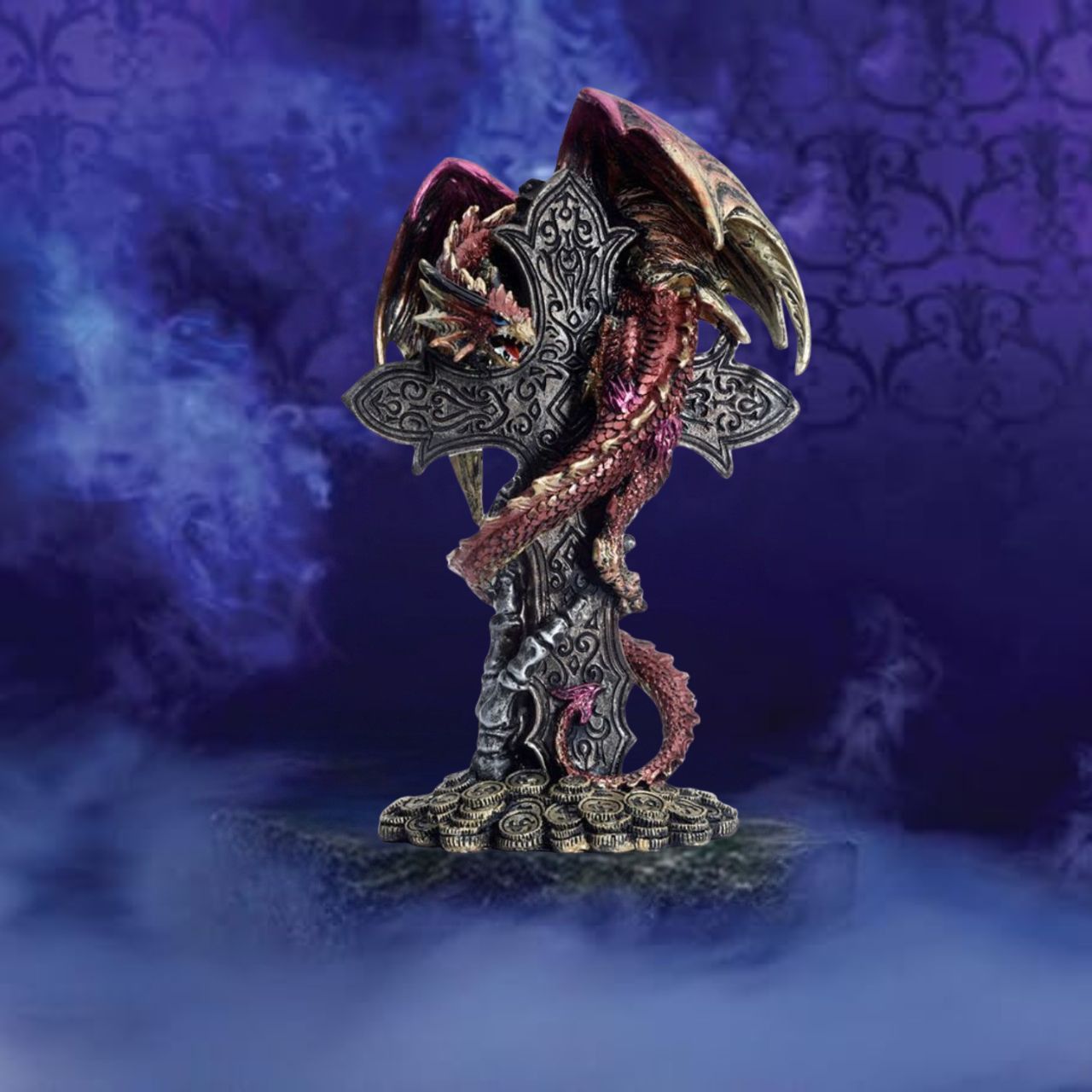 Experience the mystery and power of the Dark Legends Celtic Cross Treasure Guardian Dragon. This stunning figurine embodies the Celtic traditions of strength and protection, making it the perfect addition to your collection. With intricate details and a fierce pose, this dragon is sure to impress.