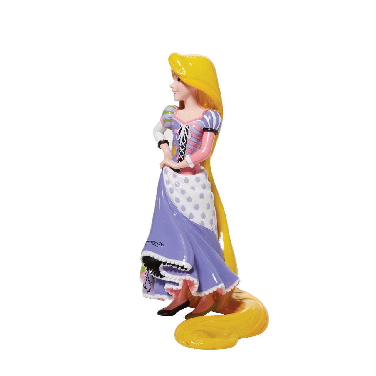 Rapunzel can be seen here with her iconic long magical hair in this unique pop art figurine. With bold colour and compelling pattern, contemporary artist Romero Britto captures the fun and whimsy of Disney.