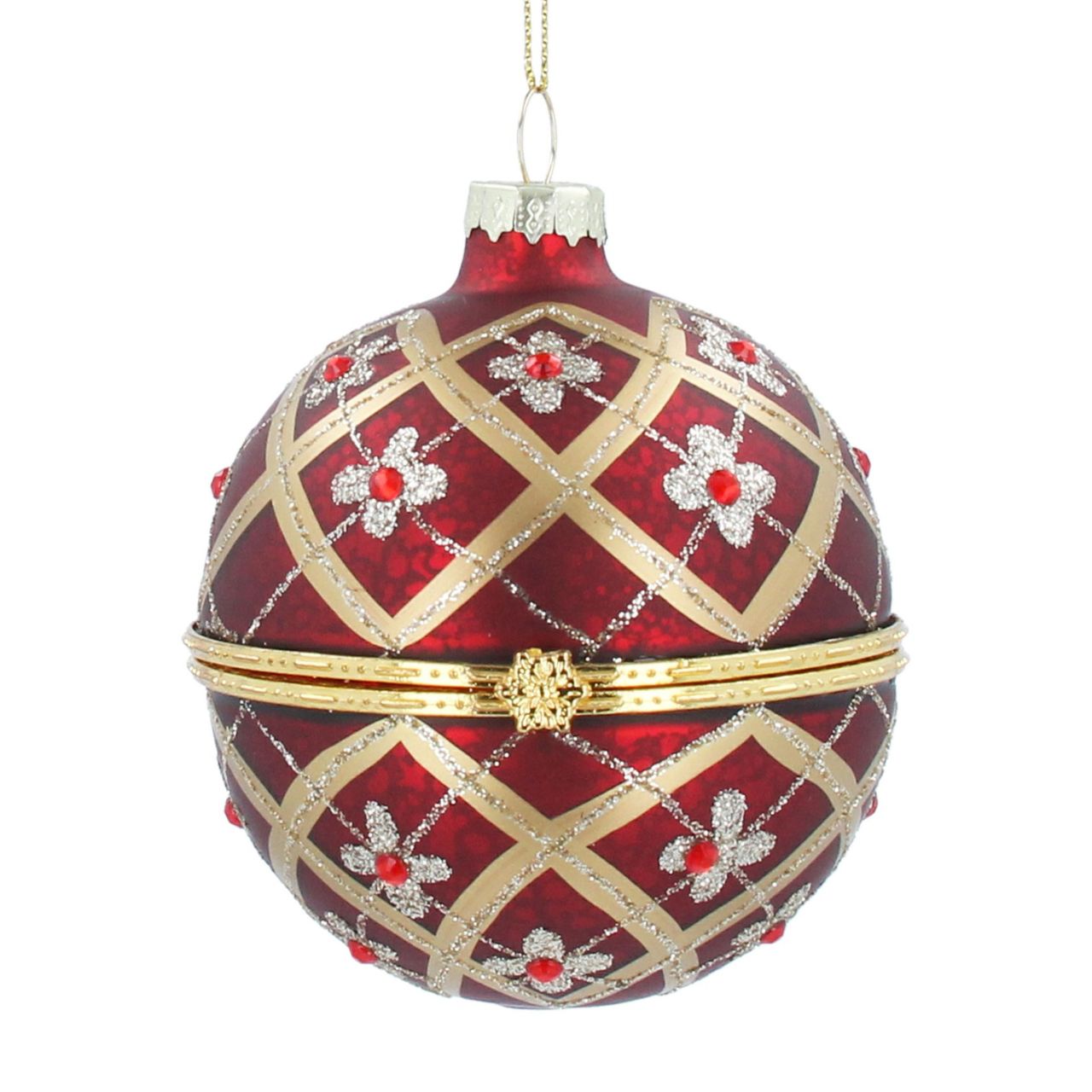 Gisela Graham Red & Gold Floral Trellis Glass Christmas Bauble Opening Show off your holiday spirit with this elegant Gisela Graham Red & Gold Floral Trellis Christmas Bauble. This sparkling ornament features a gold trellis pattern with vibrant red accents for a pop of colour. An ideal choice for those seeking a unique ornament to add to their seasonal décor.