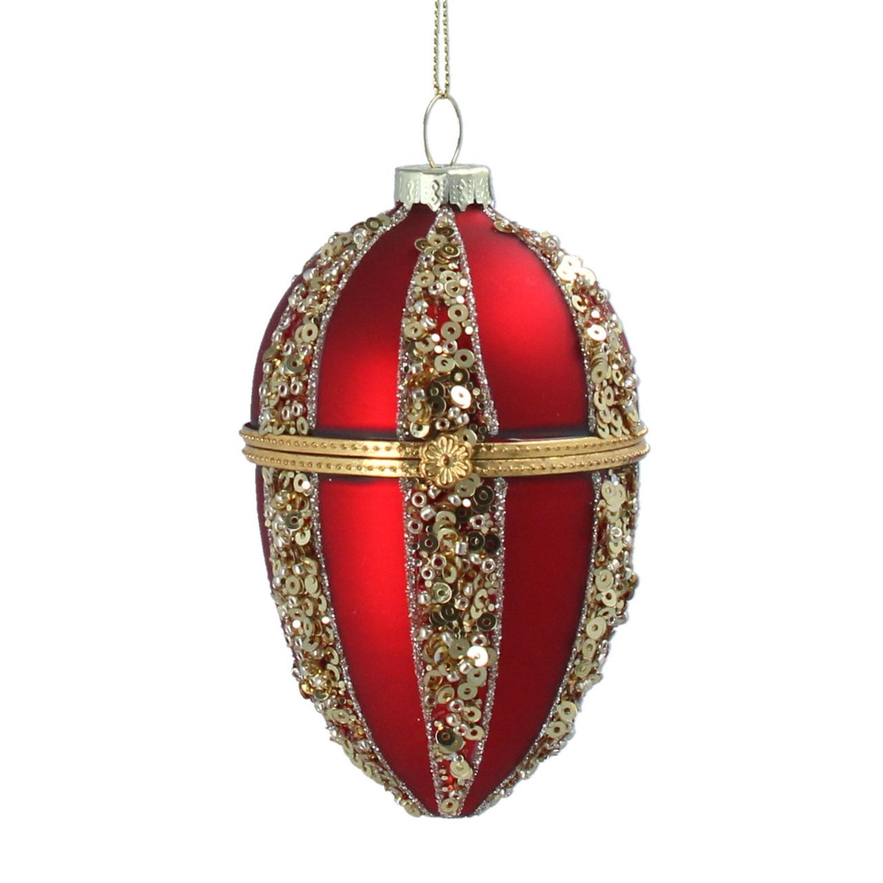 Gisela Graham Matt Red & Gold Glitter Opening Egg Christmas Hanging Ornament This Red & Gold Glitter Opening Egg Christmas Hanging Ornament from Gisela Graham is a festive, unique addition to any Christmas tree. Made from a matt red and gold glitter combination, this ornament can be opened up to reveal a hidden inside.