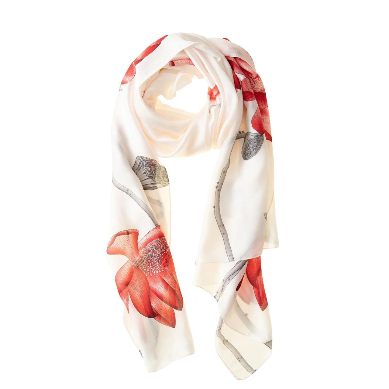 Red Lillies Polyester Scarf  Our Red Lillies Polyester Scarf is the perfect rich colour that will draw attention and complement any outfit. This rich, soft and comfortable scarf is a must have and also comes in a beautiful box ready for gifting. A touch of luxury for everyday life and perfect for all seasons.