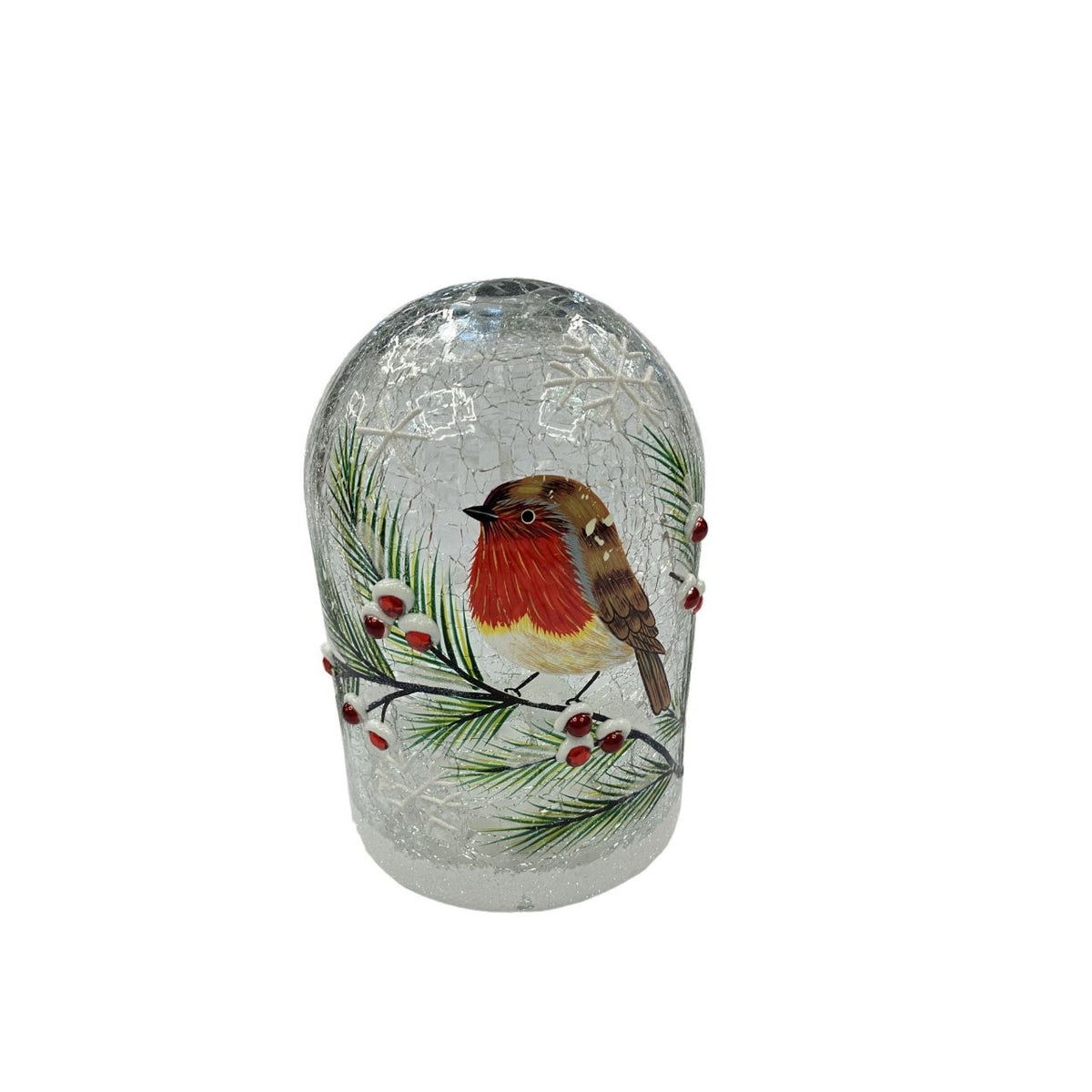 The Regal Tidings LED Domed Light Crackle Glass Robin Design (Includes try me button) brings a classic touch to festive décor.