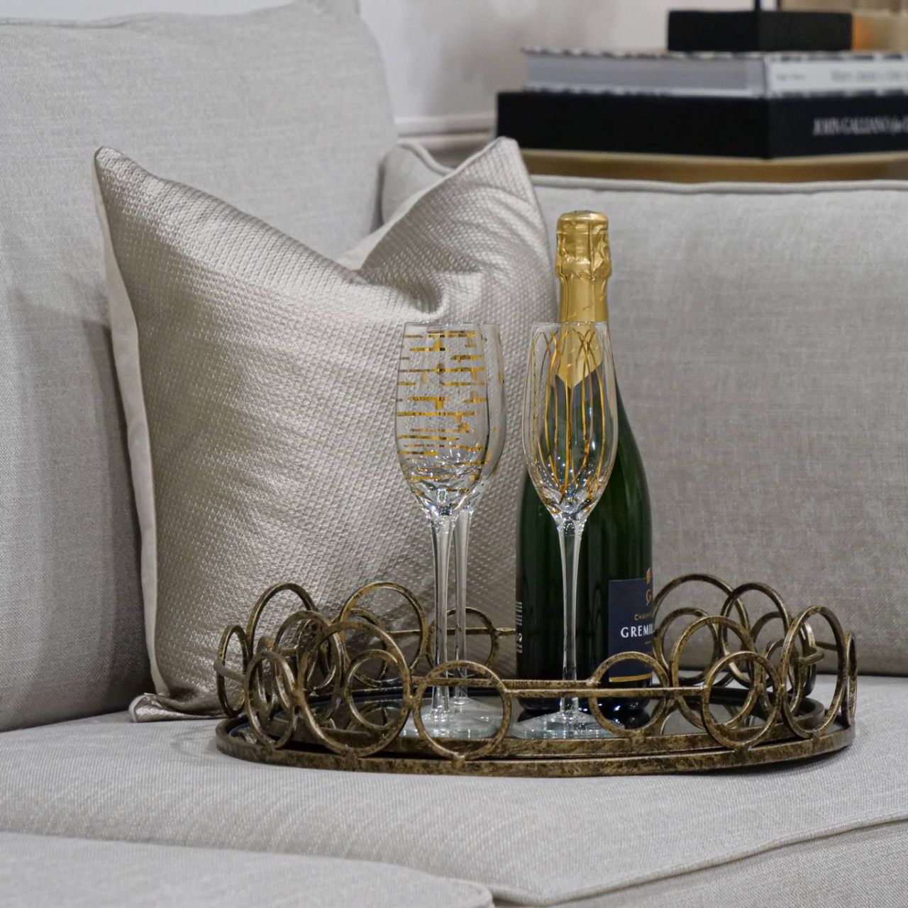 Set of two mirrored trays, Serve your drinks or nibbles in style on this deco mirror tray. Beautifully constructed from glass and metal, it's sure to make an impact. Antique gold in finish.