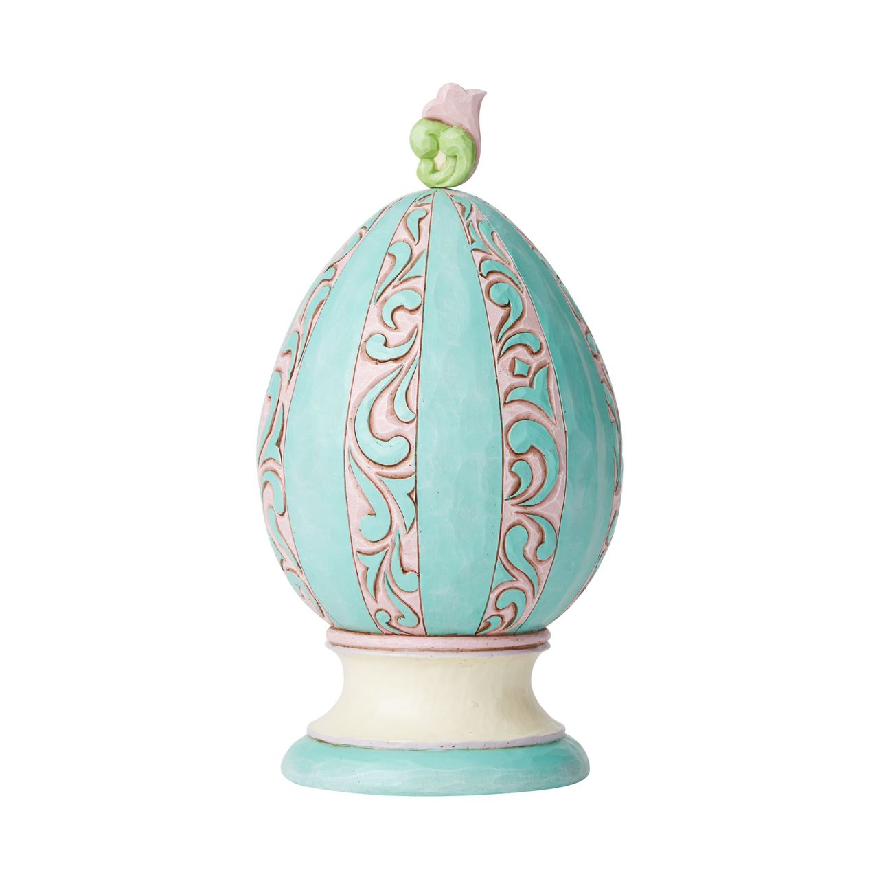 Revolving Egg with Bunnies and Chicks Scene Figurine by Jim Shore Stroll through Spring with this festive Jim Shore tabletop Easter egg. Simply turn the floral finial atop the egg to rotate the scene inside between two adorable Easter scenes. Chicks soak in the sun while a pair of bunnies jubilantly collect eggs.