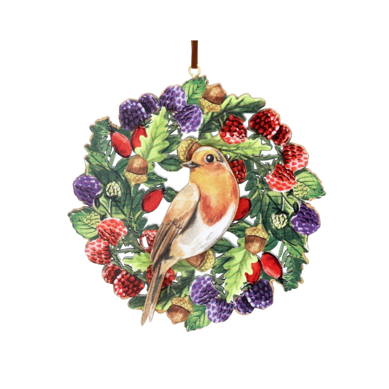 Celebrate the festive season with the Gisela Graham Robin & Berries Disc Christmas Hanging Decoration. Crafted from natural wood, this elegant ornament features a charming robin surrounded by vibrant red berries, bringing a timeless and refined touch to your holiday décor.