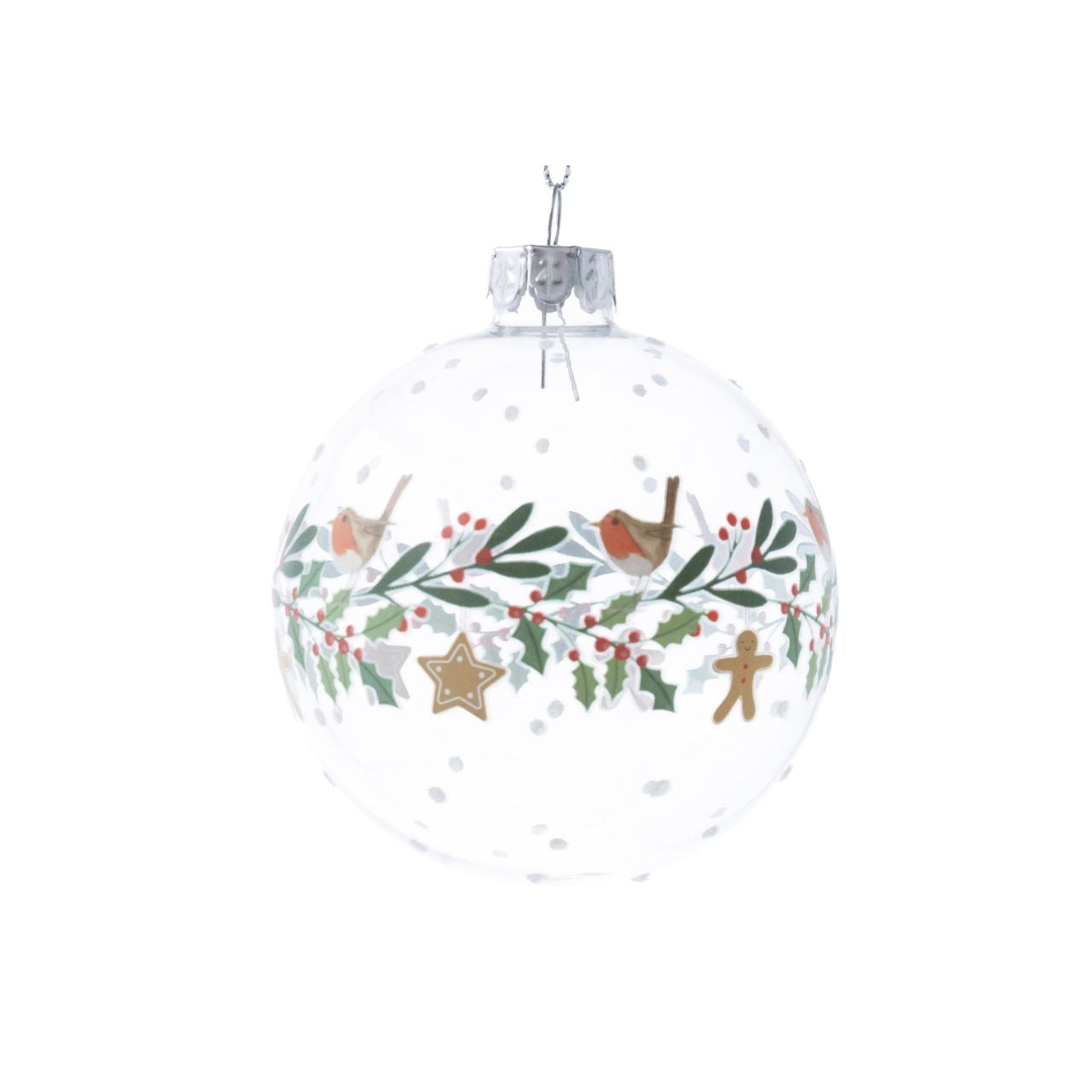 Celebrate the festive season with the Gisela Graham Robin & Holly Wreath Clear Christmas Bauble. Delicately crafted, this elegant bauble features a charming robin nestled within a classic holly wreath, adding a refined touch to your holiday décor.