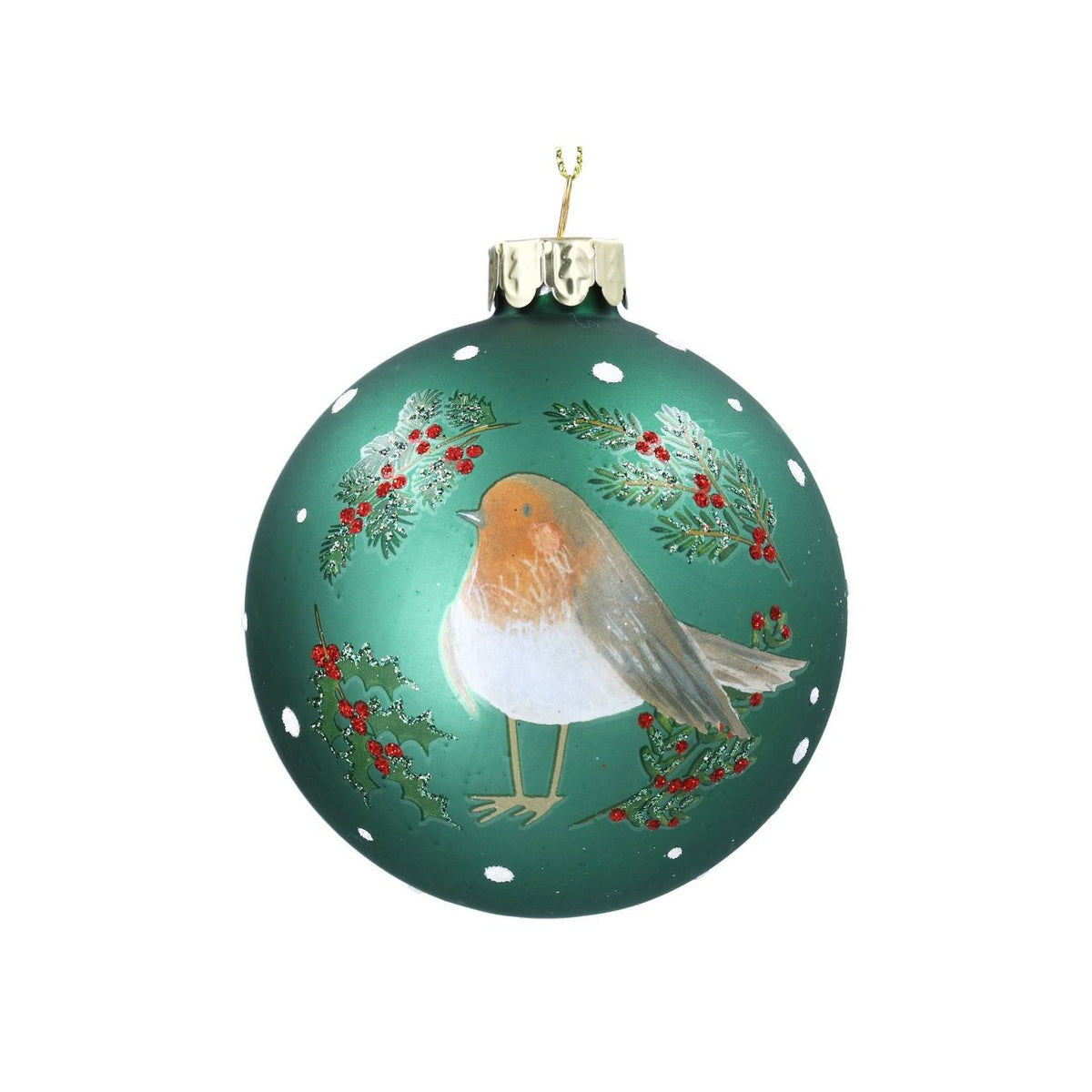 Gisela Graham Robin with Berry Sprigs Green Christmas Glass Bauble brings festive charm to your tree. This hand-finished ornament features a detailed robin perched among delicate berry sprigs in rich green tones, capturing the beauty of winter wildlife.