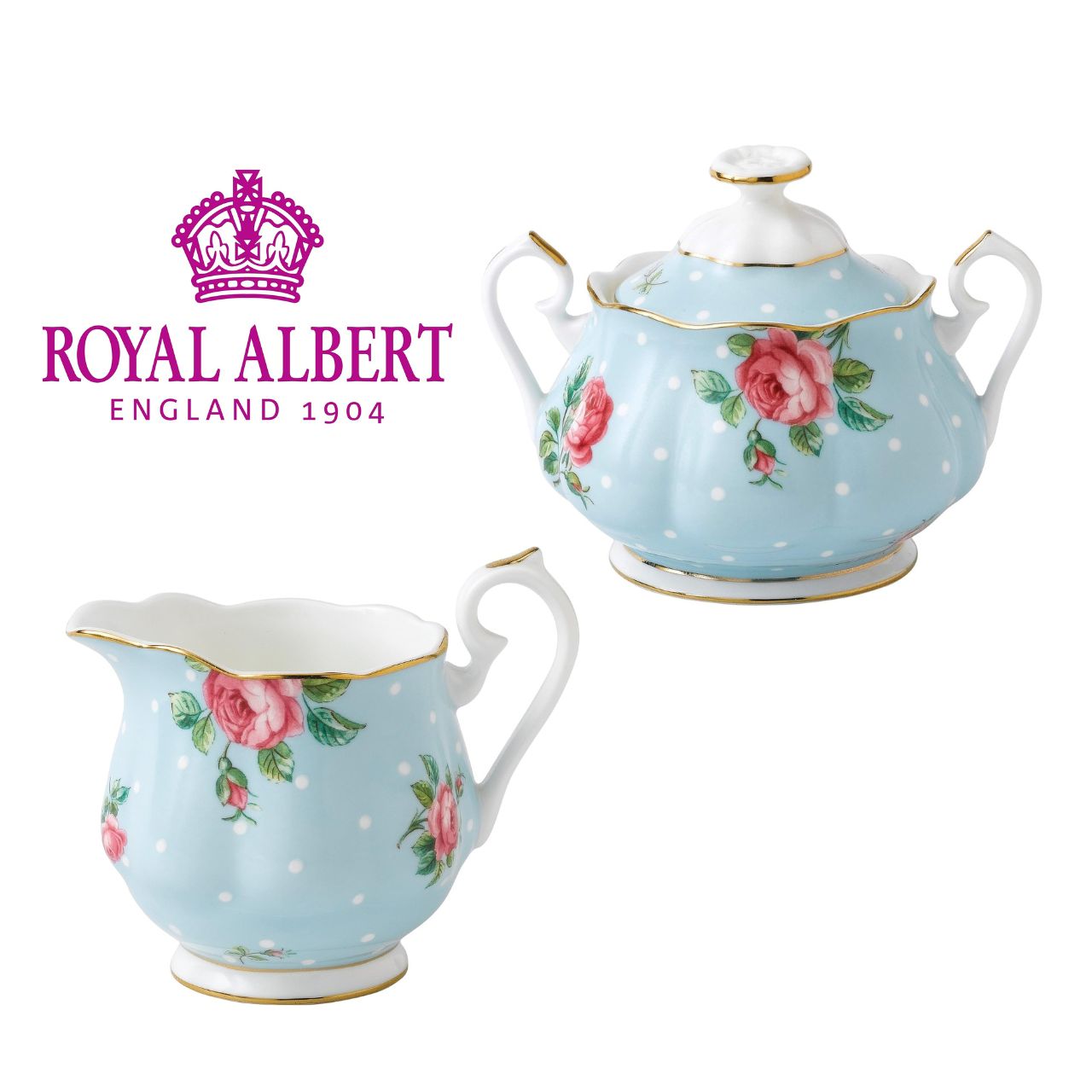 Vibrant and vivacious, Polka Blue is a beautiful new addition to the vintage patterns that have made Royal Albert famous the world over. Youthful and exuberant, this beautiful Polka Blue sugar & creamer, all charmingly fashioned in fine bone china and combining classic form with intricate detailing, vibrant colours and a lustrous gold rim.